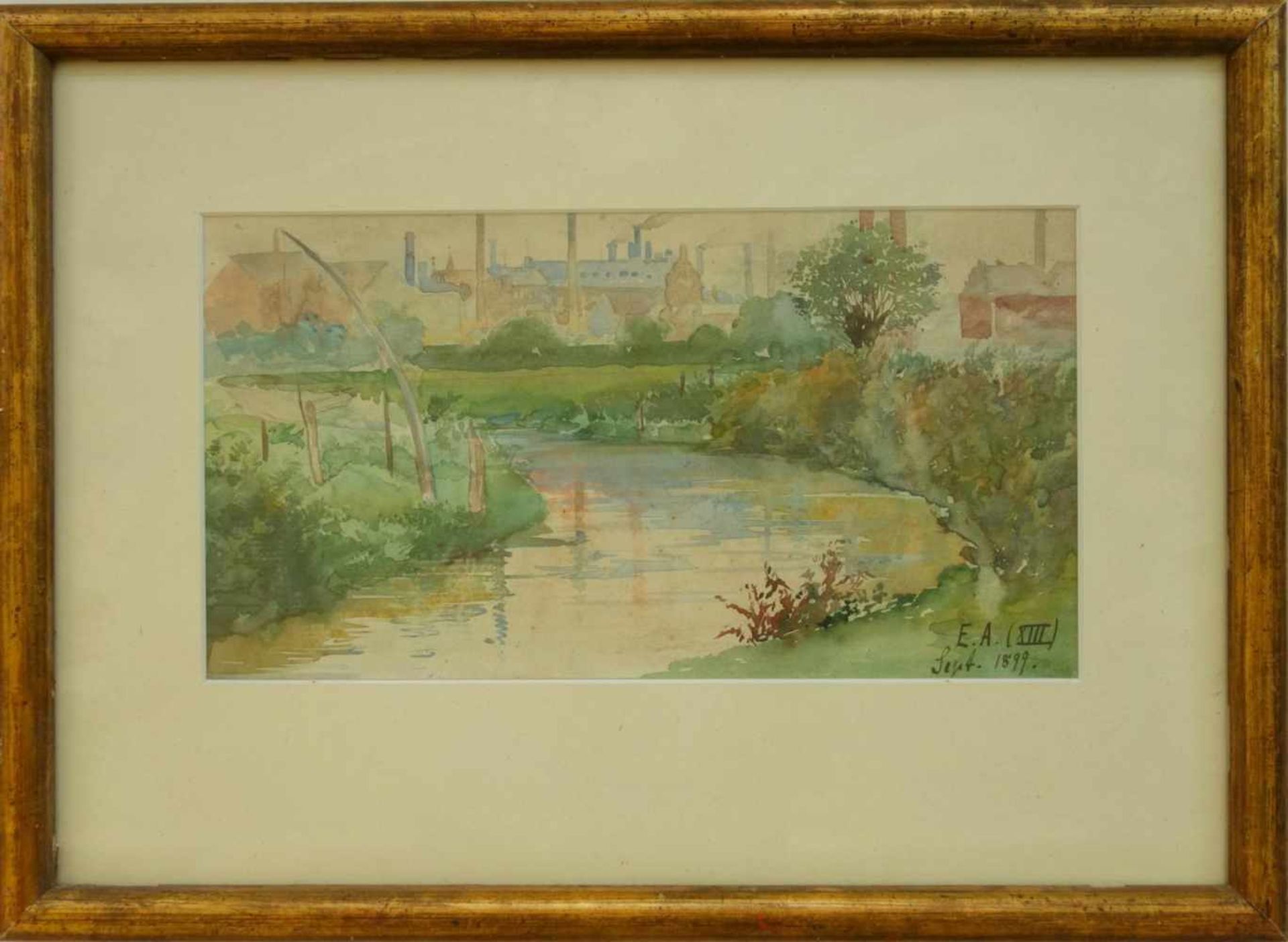 Monogrammist E.A. "Fabrik in Flusslandschaft", 1899Aquarell, unten rechts signiert,