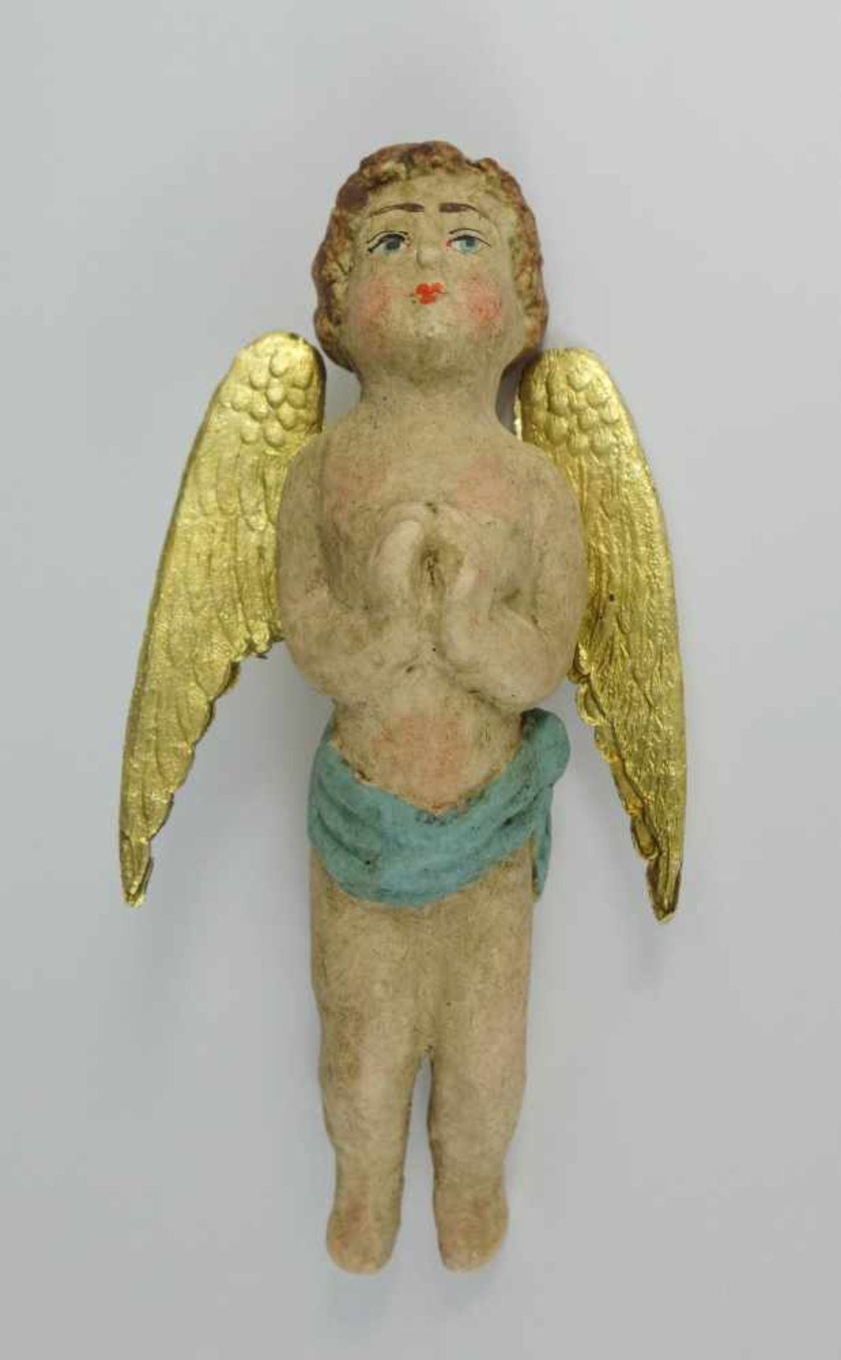Dresdner Pappe, Engel, Christbaumschmuck um 1910/20mit goldenen, geprägten Flügeln, L.12cm