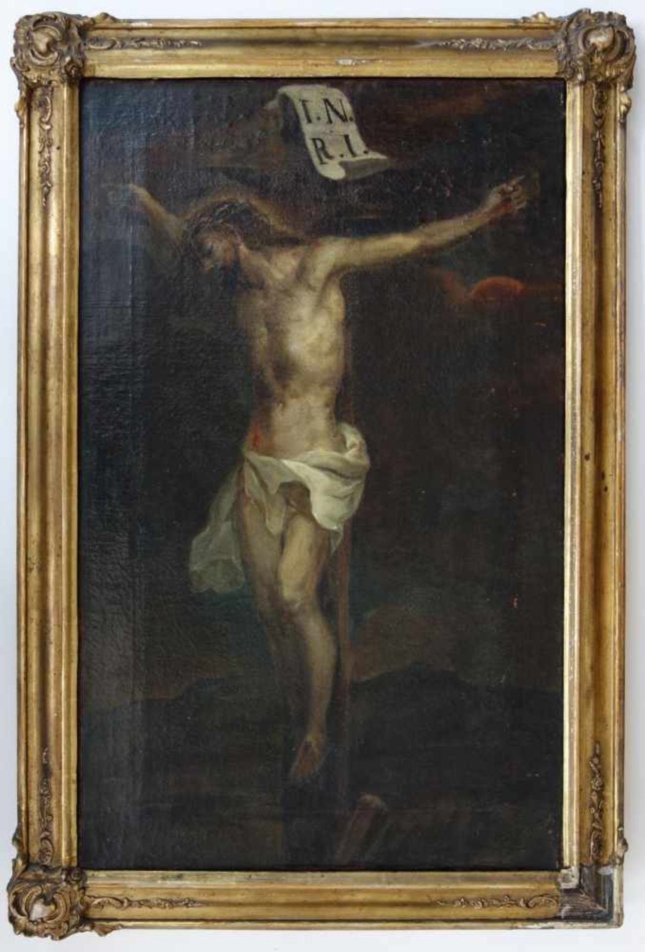 Heiligenmaler des 18. Jahrhunderts, Jesus Christus am KreuzÖl/Lw., Maße:66*41cm. Zustand: Lw. alt