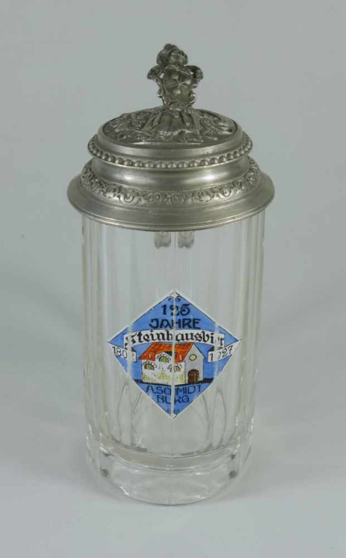 Bierkrug "125 Jahre Steinhausbier", 1927A.Schmidt, Burg, 1808-1927; 6/20 L, Zinndeckel mit