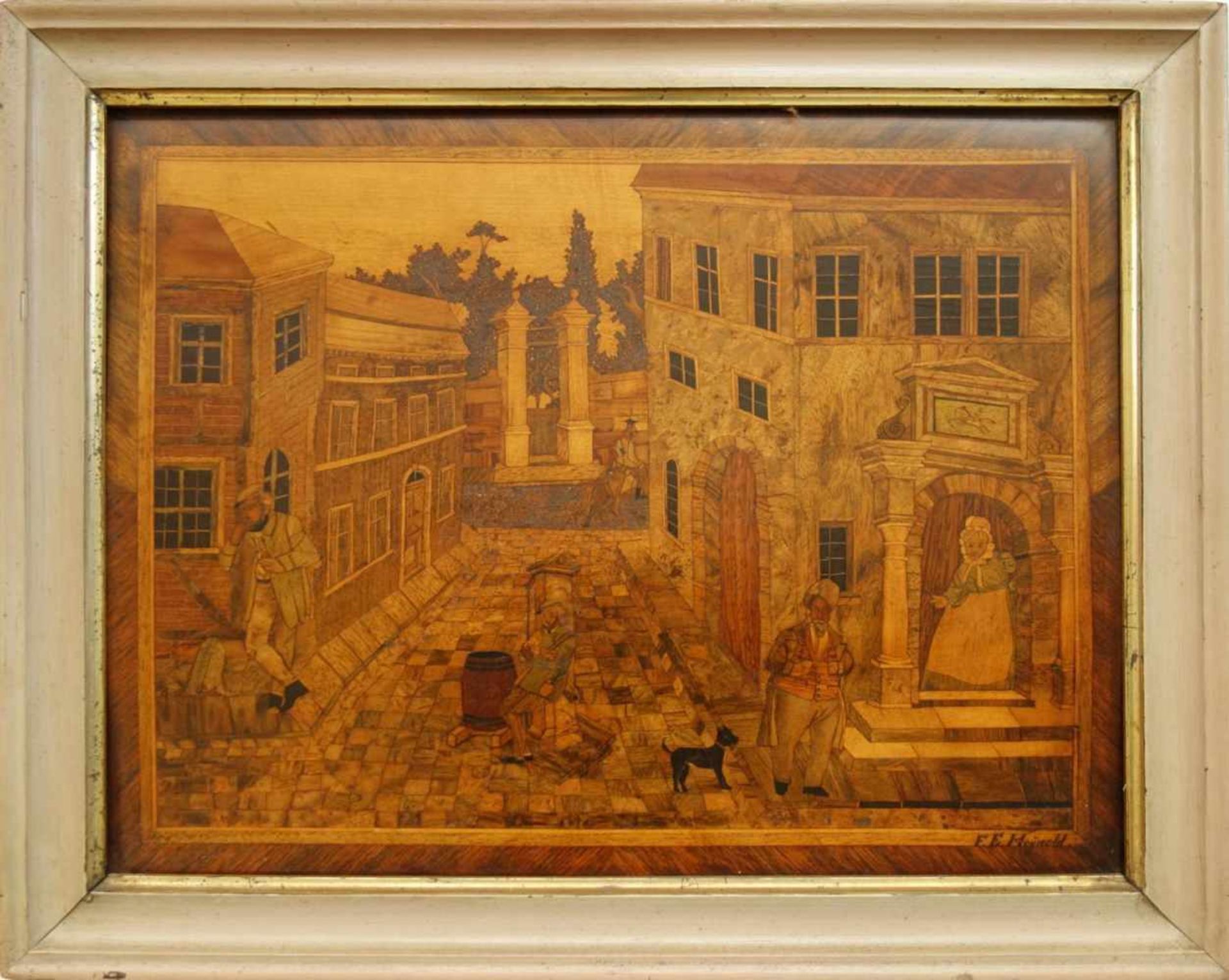 Heynold, F.E., Intarsienbild, wohl Leipzig, Anf. 19. Jh.Barocke Architektur mit Personenstaffage,
