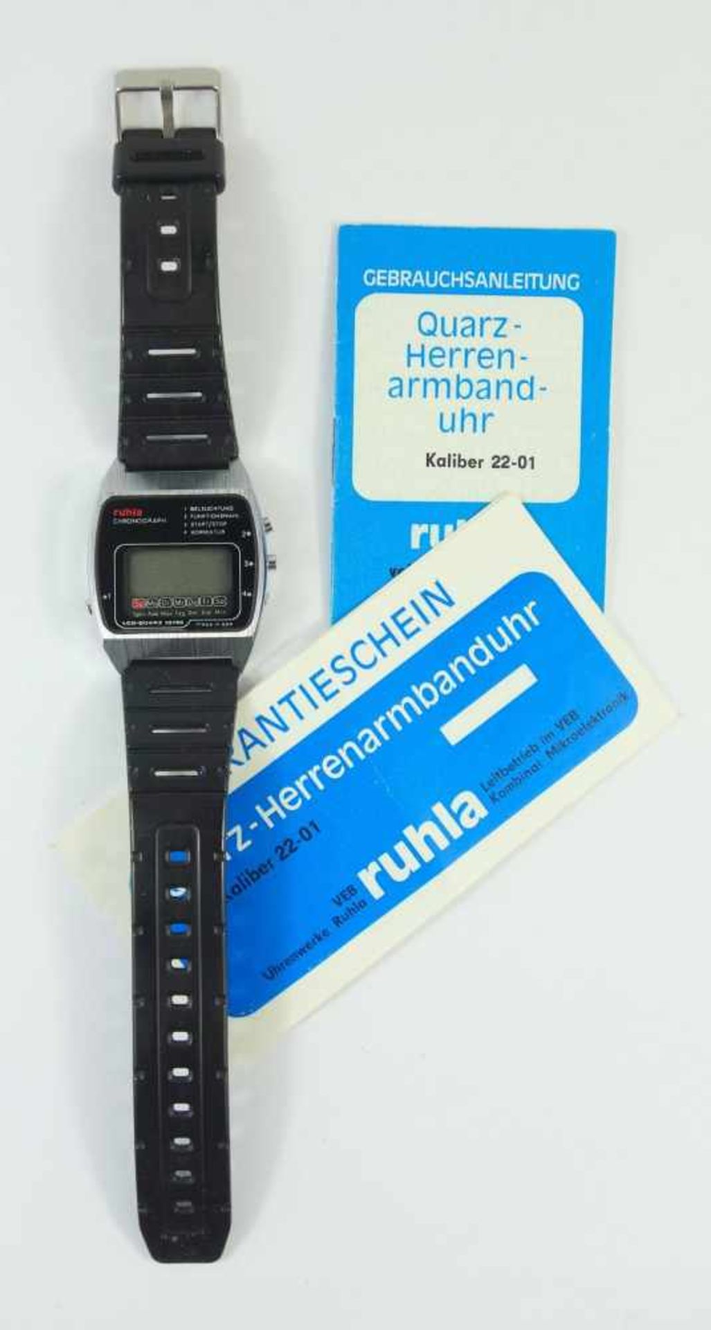 digitale Vintage- Herrenarmbanduhr Ruhla Chronograph LCD Quarz 32766, 1979 leichtgewölbtes,