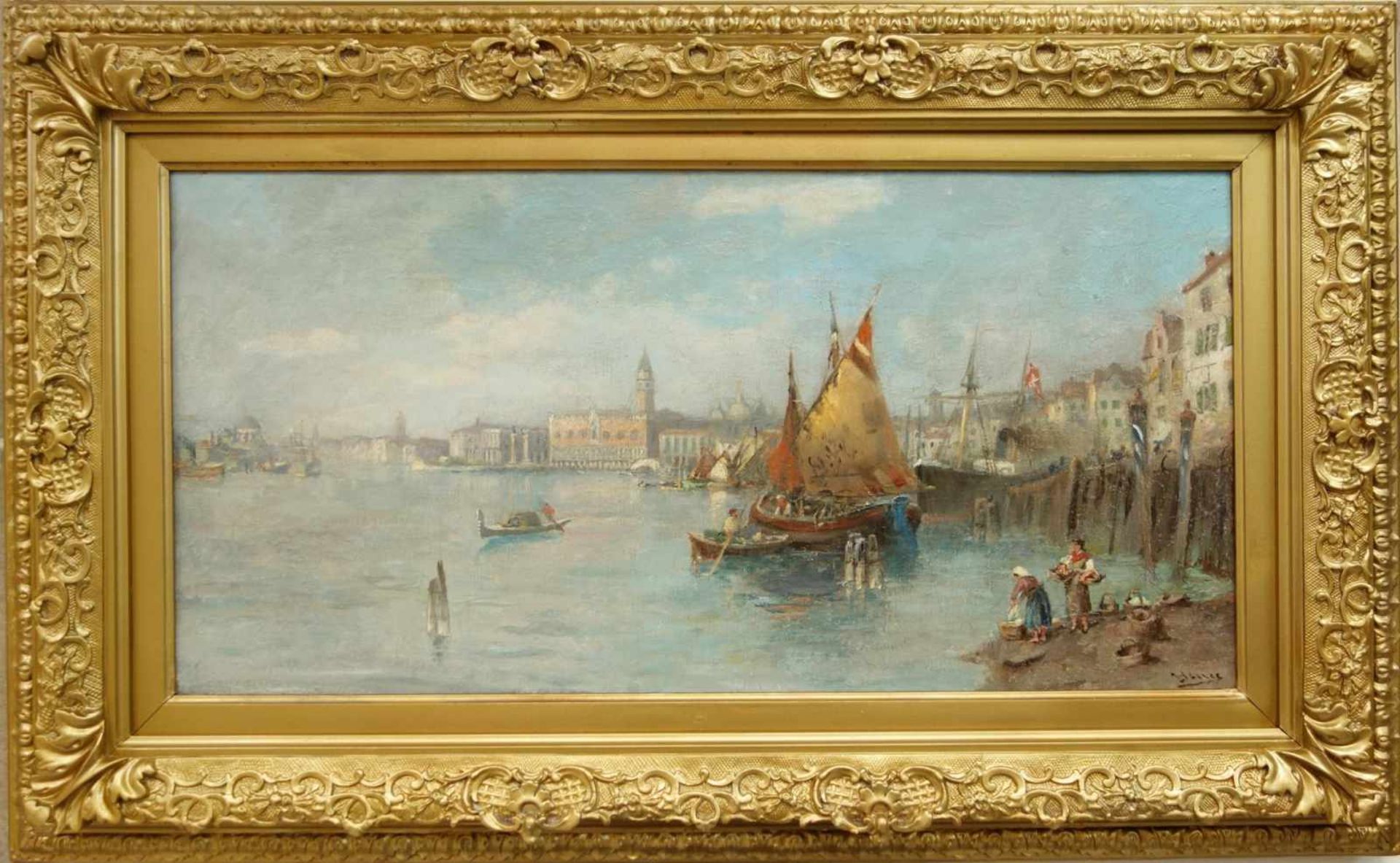 Hiller, Heinrich (1846-1912 Berlin ) "Fischerboote vor Venedig"Öl/Lw. 40*75,5cm, rechts unten