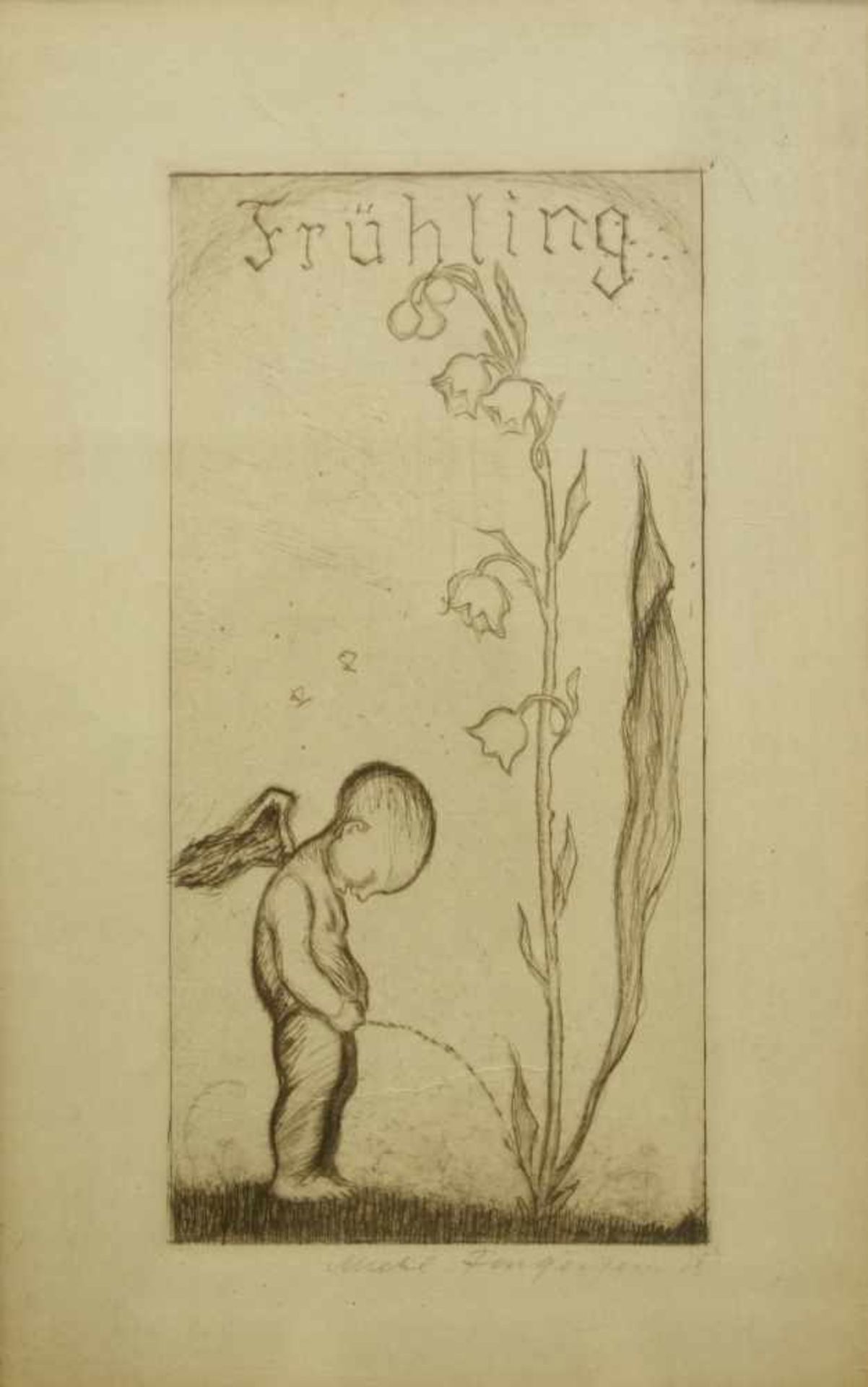Jugendstil- Radierung "Frühling", um 1910/20stehender Cupido "wässert" ein Maiglöckchen,darunter