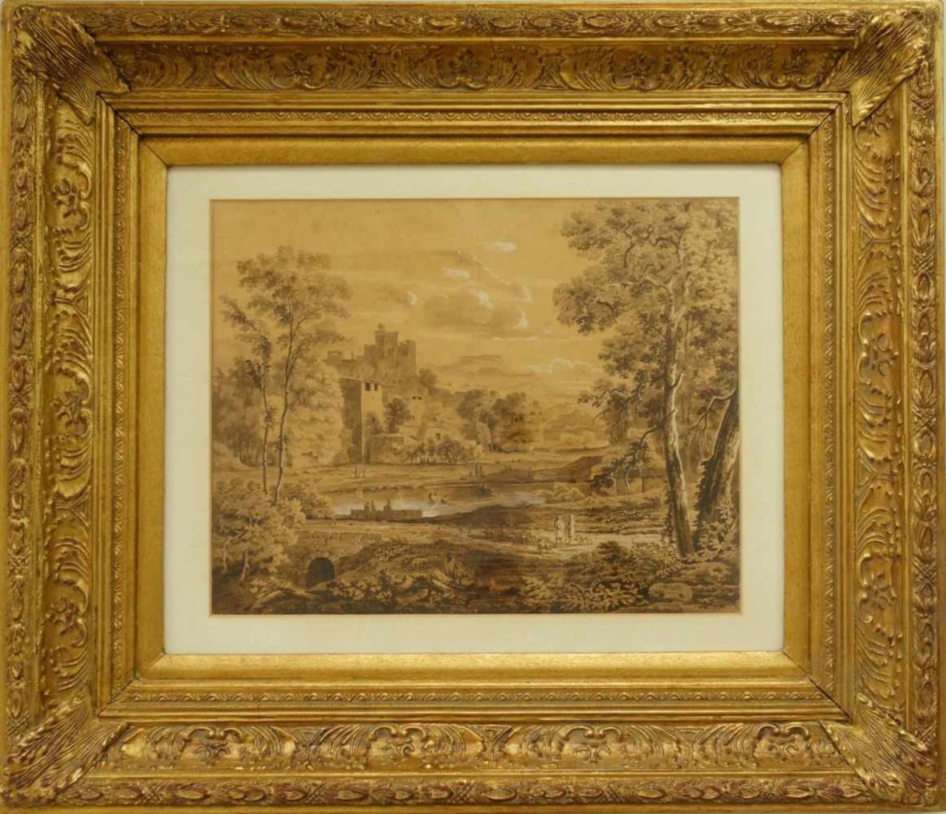 unbekannter Zeichner, Italienische Landschaft, dat. 1808 Sepiazeichnung, Landschaft mit See und