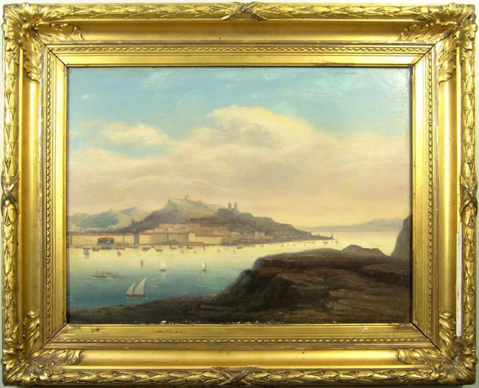 Maler der Romatik, Stadtsilhouette vor bergiger Kulisse, wohl Italien, 19. Jh.Öl/Holz, See mit