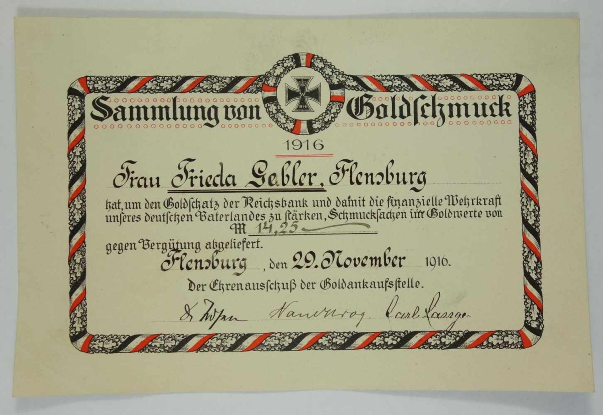 Spendenbeleg "Sammlung von Goldschmuck", 1916Beleg für die Abgabe von Goldschmuck um die finanzielle