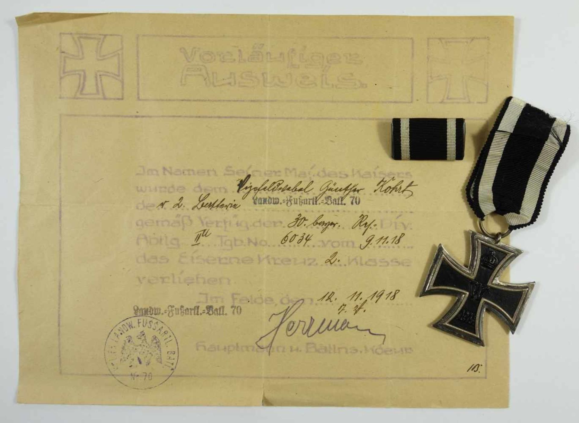 Eisernes Kreuz 2.Klasse 1914 für Kämpfer mit Verleihungsbeleg, I.WKEK an sw-Band, Beleg: Vorläufiger