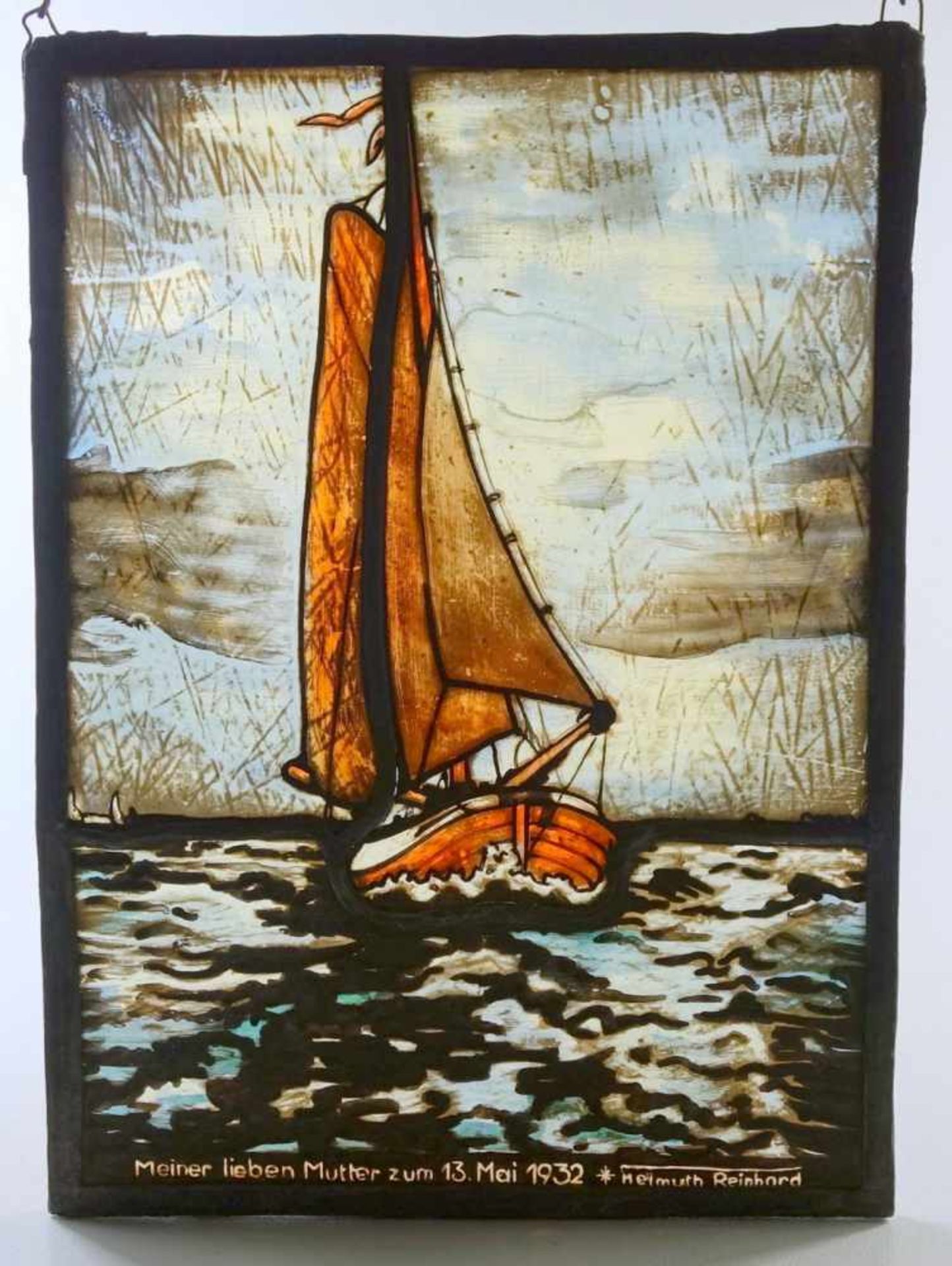 Bleiverglasung "Segelboot", Helmuth Reinhard, 1932Glasmalerei, unten mit Widmung "Meiner lieben