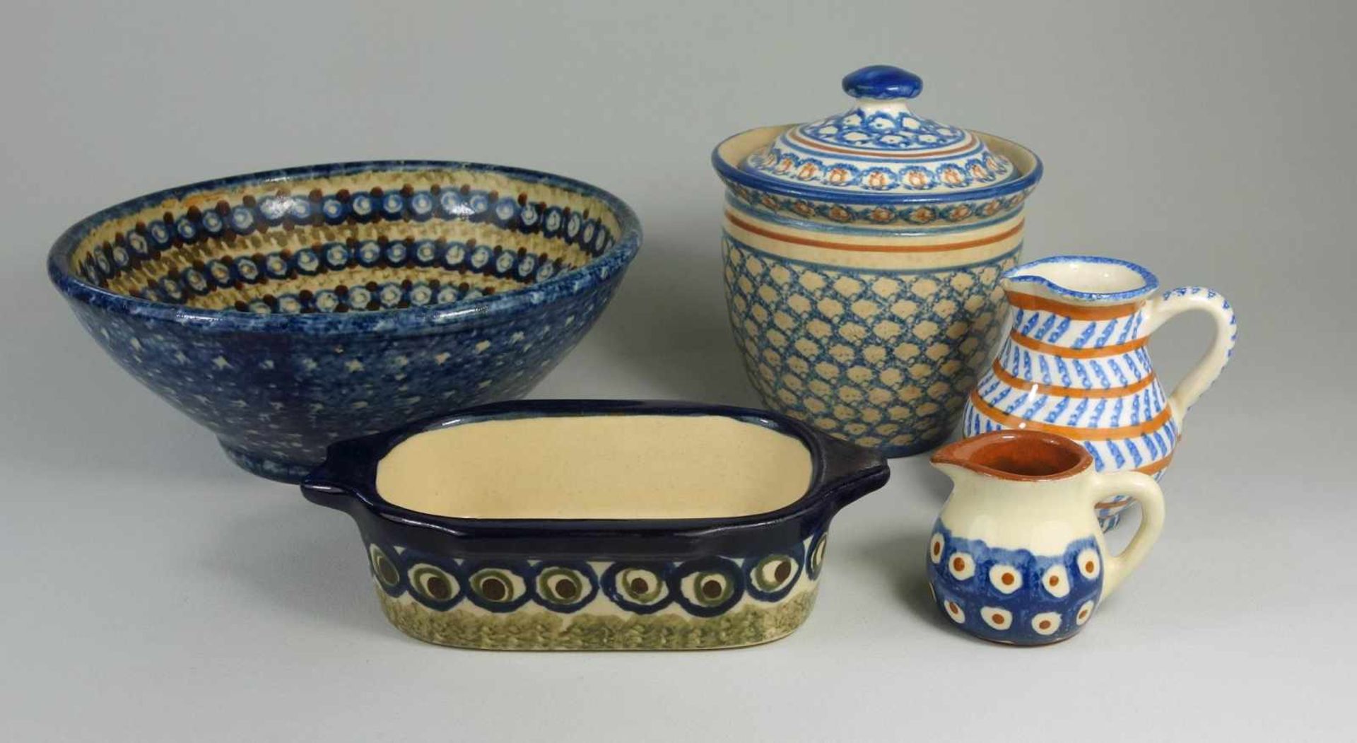 5 Teile, Bunzlauer KeramikDose, H.12cm (winz.Glasurfehlstelle); Schüssel, D.19cm, H.7cm; Gefäß,