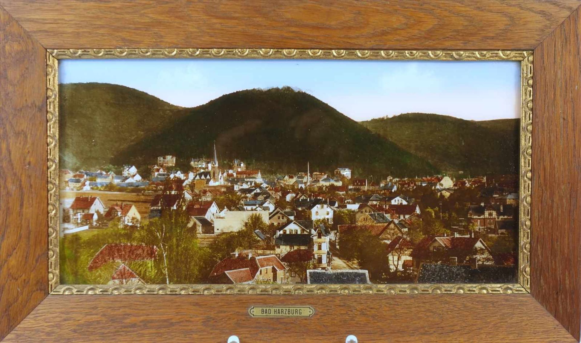 Bild mit Perlmutteinlage "Bad Harzburg", 20er Jahre, farbig, im verglasten Holzrahmen mit