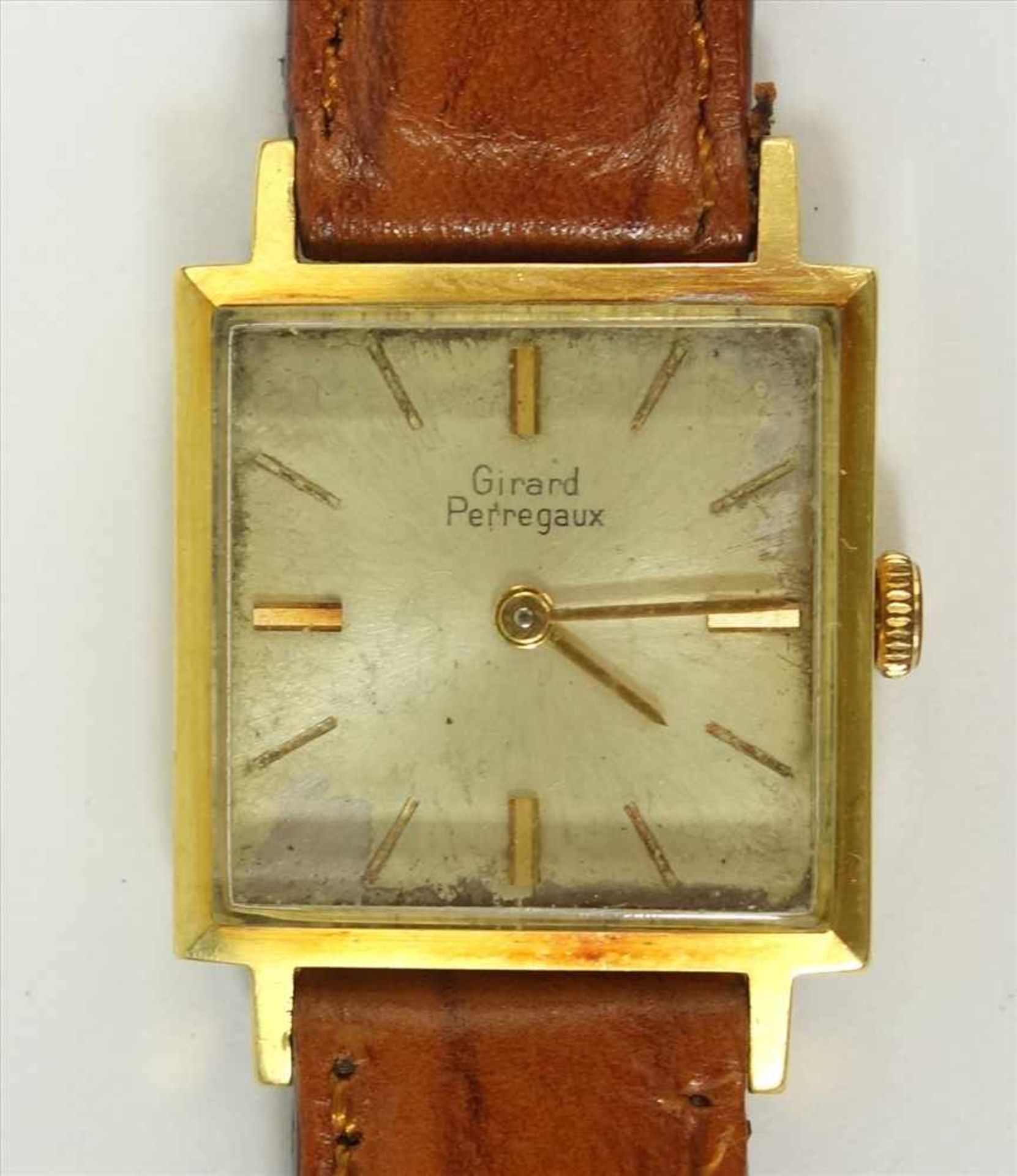 Damenarmbanduhr Girard Perregaux, 585er Gold, 60er Jahre, goldenes Carrégehäuse, silberfarbenes