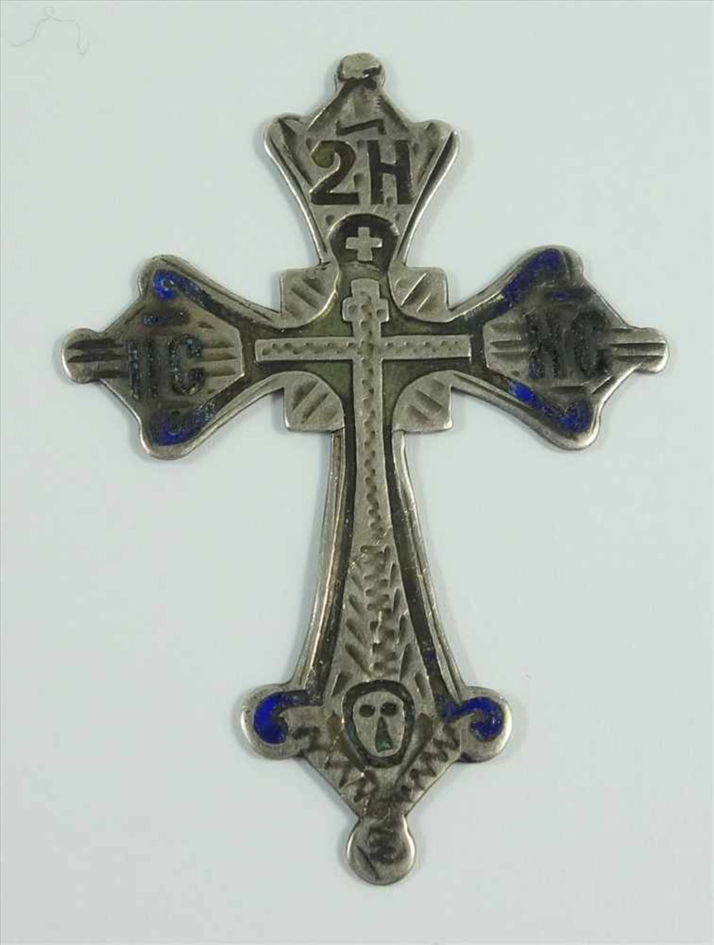 silbernes Kreuz, Russland, um 1890/1900, 84 Zolotniki, Reste von blauem Emaille, 4,8*3,6cm