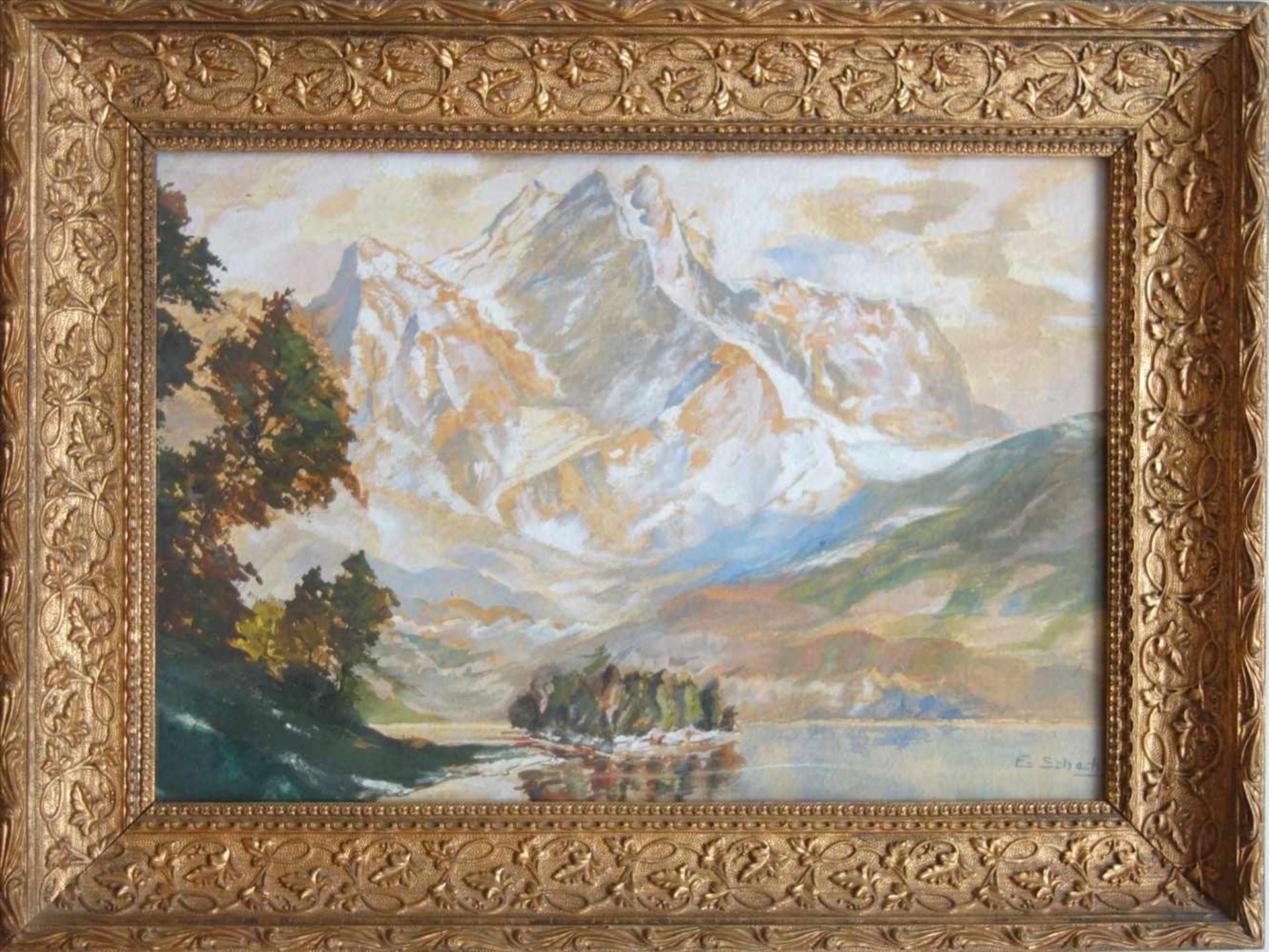 E. Schach "Eibsee mit Blick auf die Zugspitze", Aquarell, signiert, 30*43cm, Jugendstilstuckrahmen