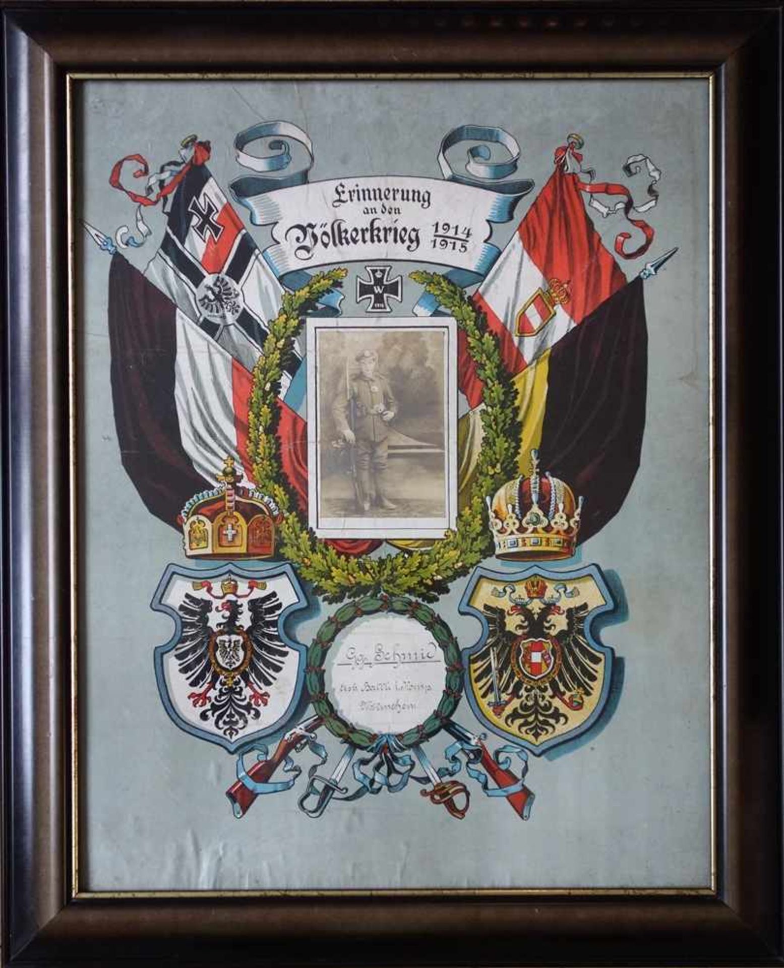 Patriotischer Druck mit Foto "Erinnerung an den Völkerkrieg 1914/1915", unter dem Foto handschriftl.