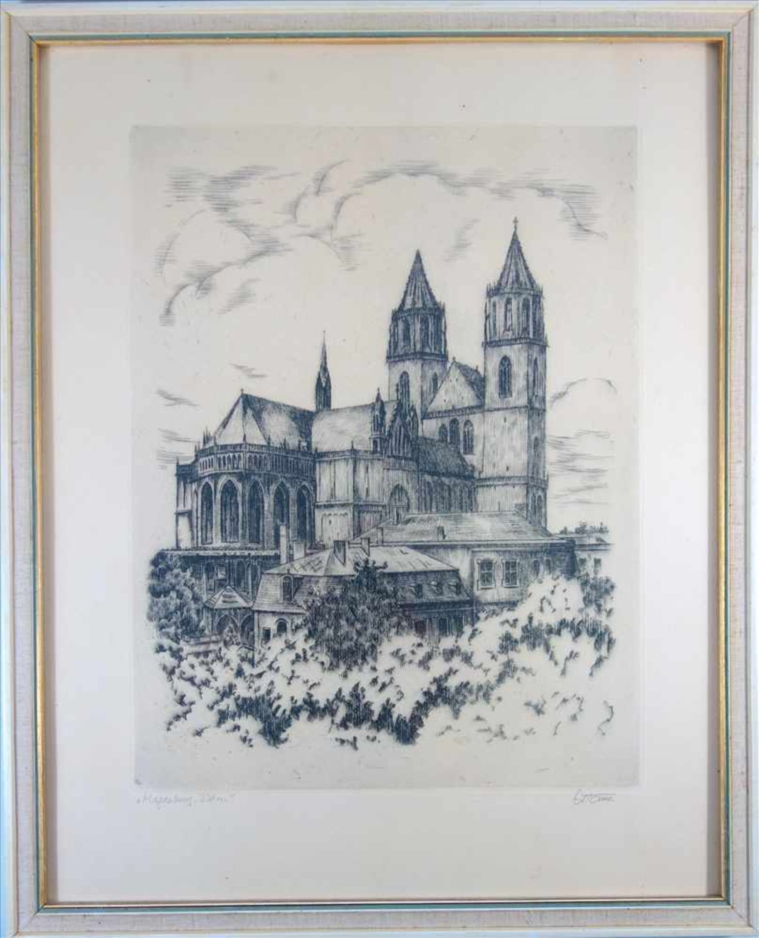 undeutl. signiert, "Magdeburger Dom", 1970/80er Jahre, Radierung, u.r. signiert, u.l. bez., verglast