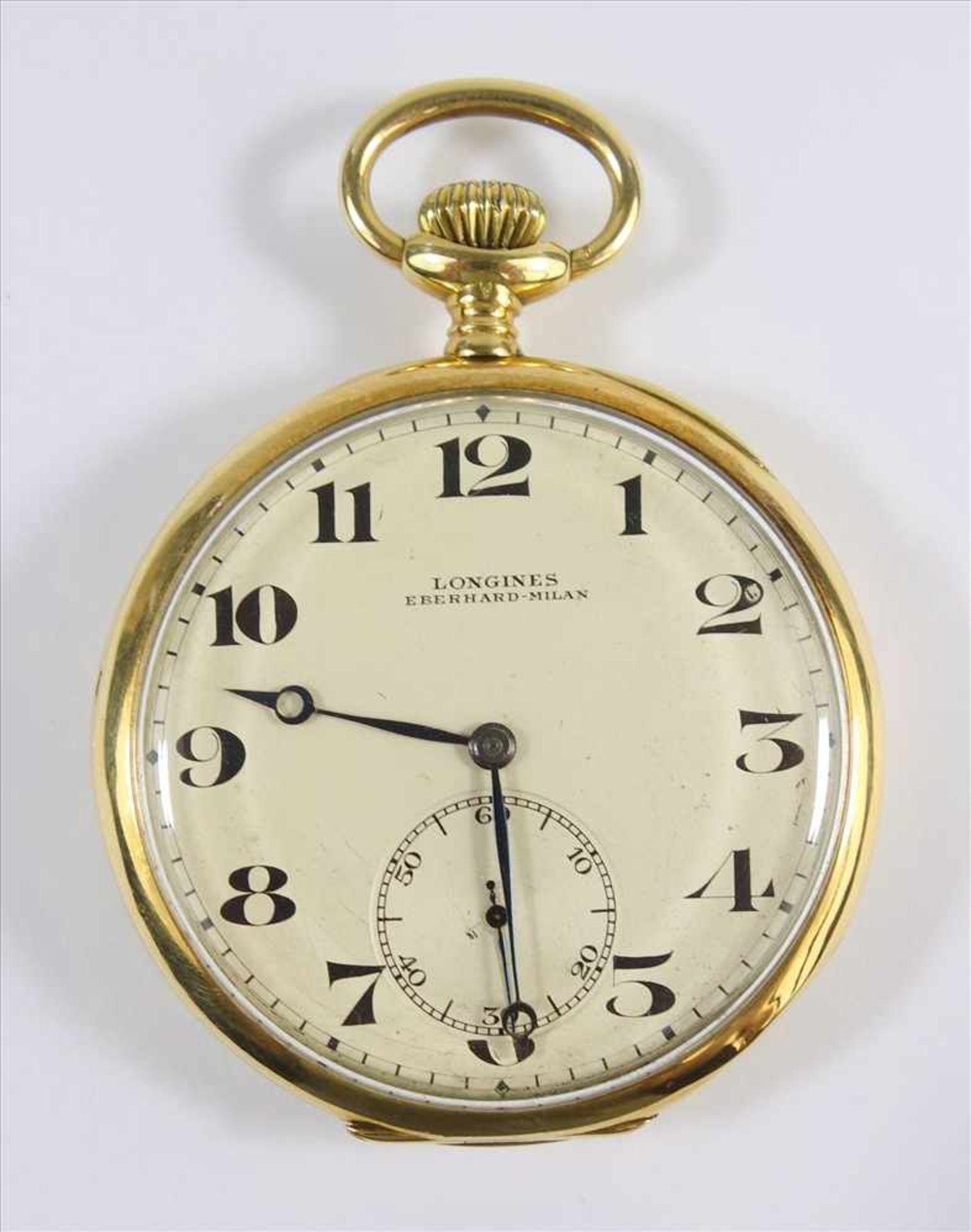 goldene Taschenuhr Longines Eberhard Milan, Schweiz, um 1910, schlichtes 750er Goldgehäuse,