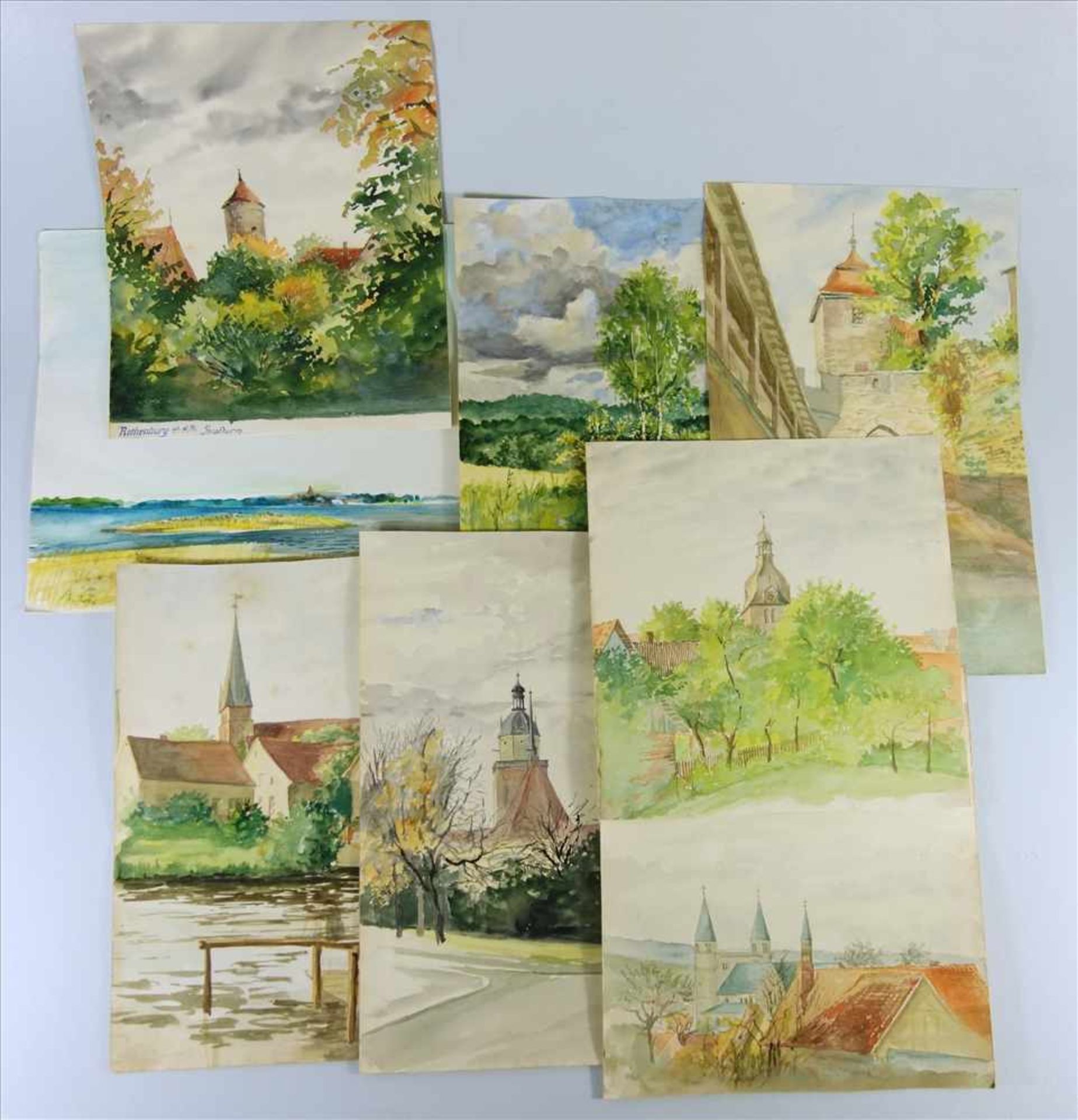 unbekannter Maler, 9 Aquarelle mit versch. Stadtansichten, u.a. Schloßkirche in Dessau, Schulturm in
