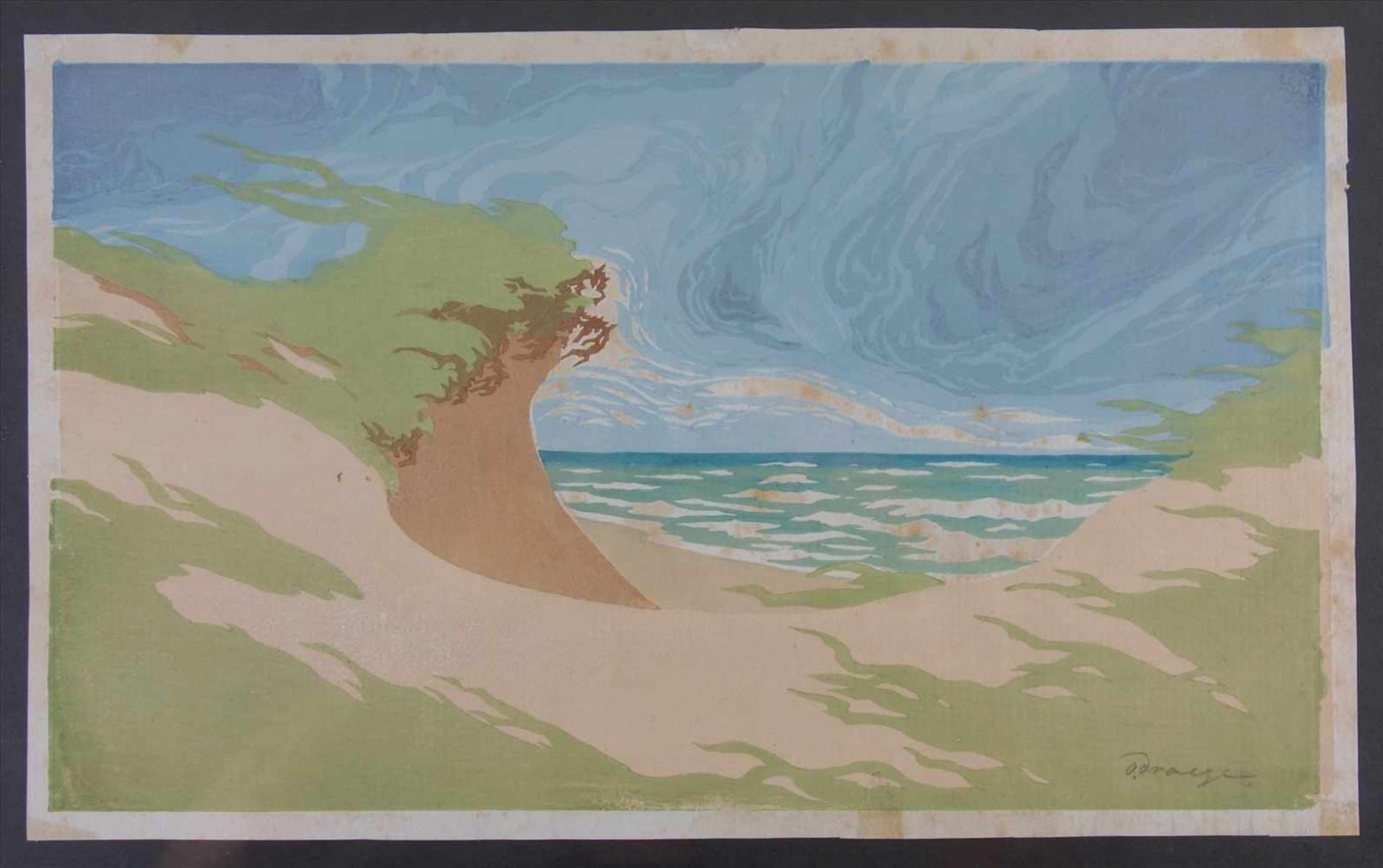 Oscar Droege (1898-1983), "Düne mit Meerblick", um 1930, Farbholzschnitt, Dünenlandschaft bei