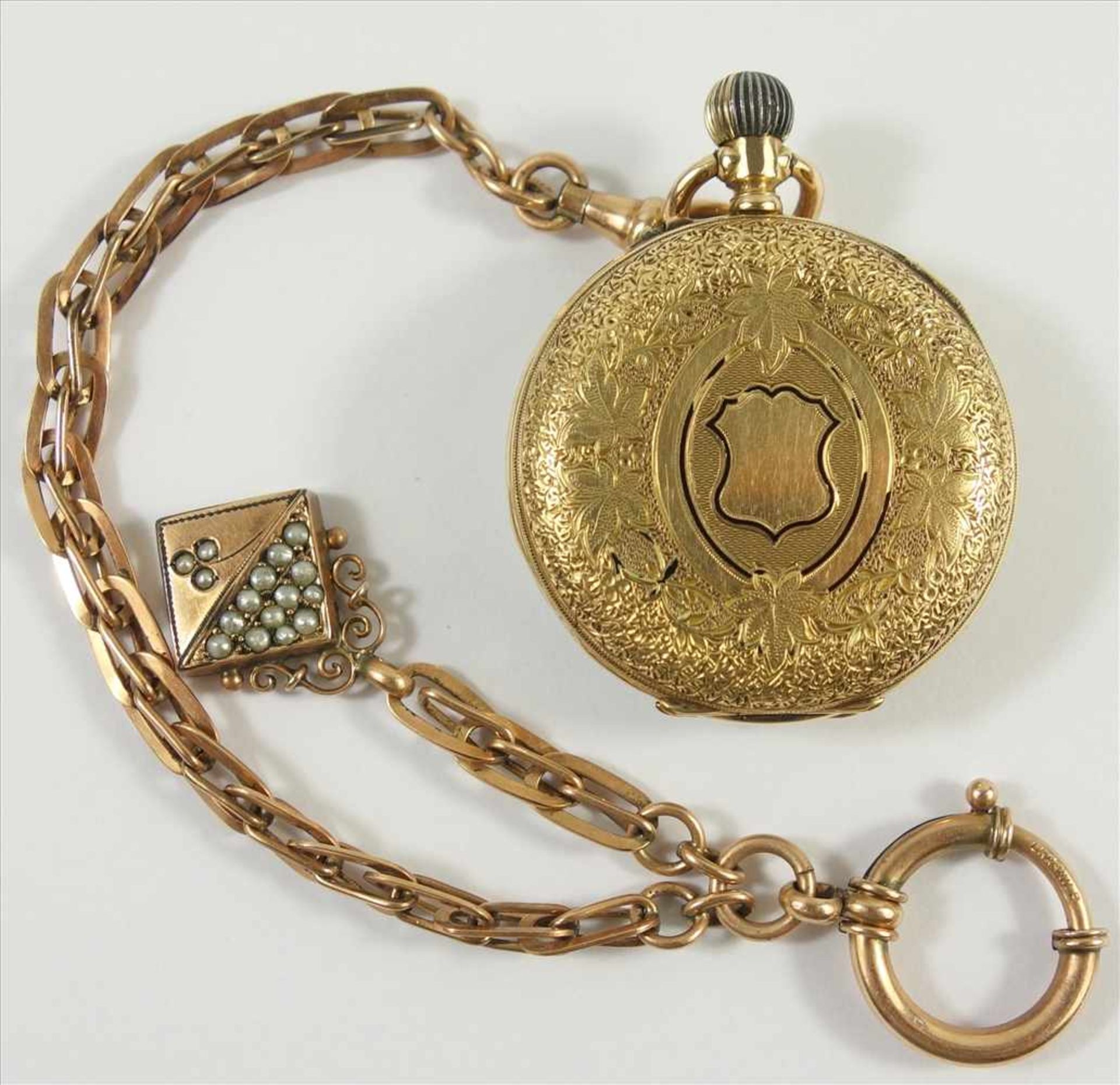 goldene Damentaschenuhr, gest. 0,585, um 1890, floral verziertes Gehäuse mit Resten von Emaille, - Bild 2 aus 3