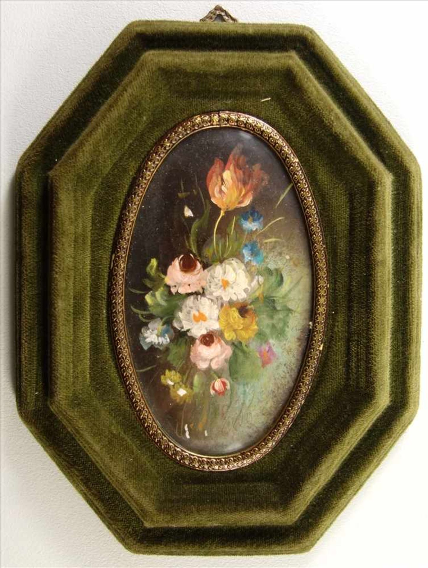 undeutlich signiert "Blumenbukett", 20. Jh., Öl/Kupfer, unten geritzte Signatur, 6,5*12cm, Rahmen