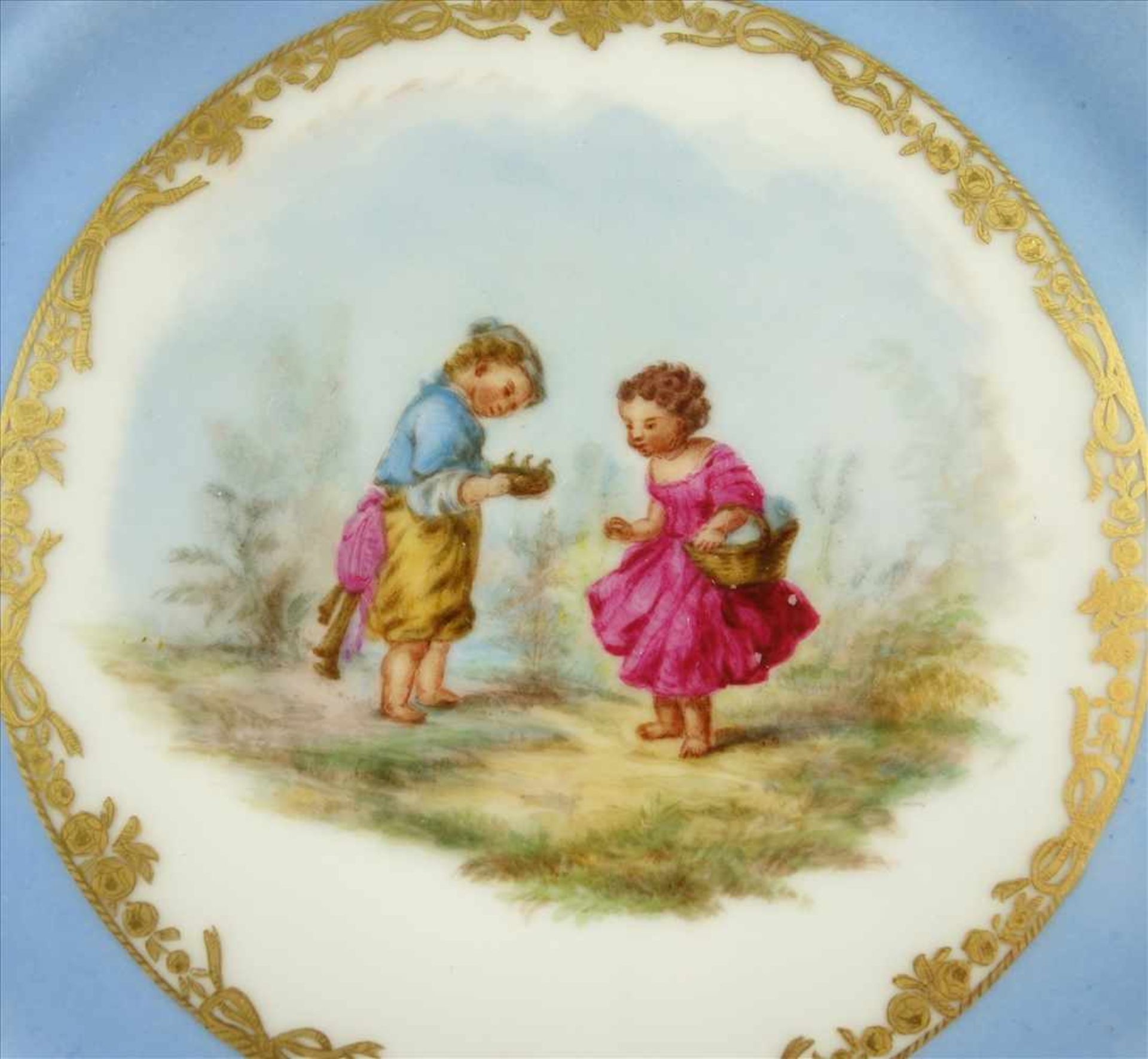 Teller, KPM Berlin 1849-1870, mit Kerzenhalter-Montierung, Spiegel mit Kinderdarstellung in golden - Bild 4 aus 4