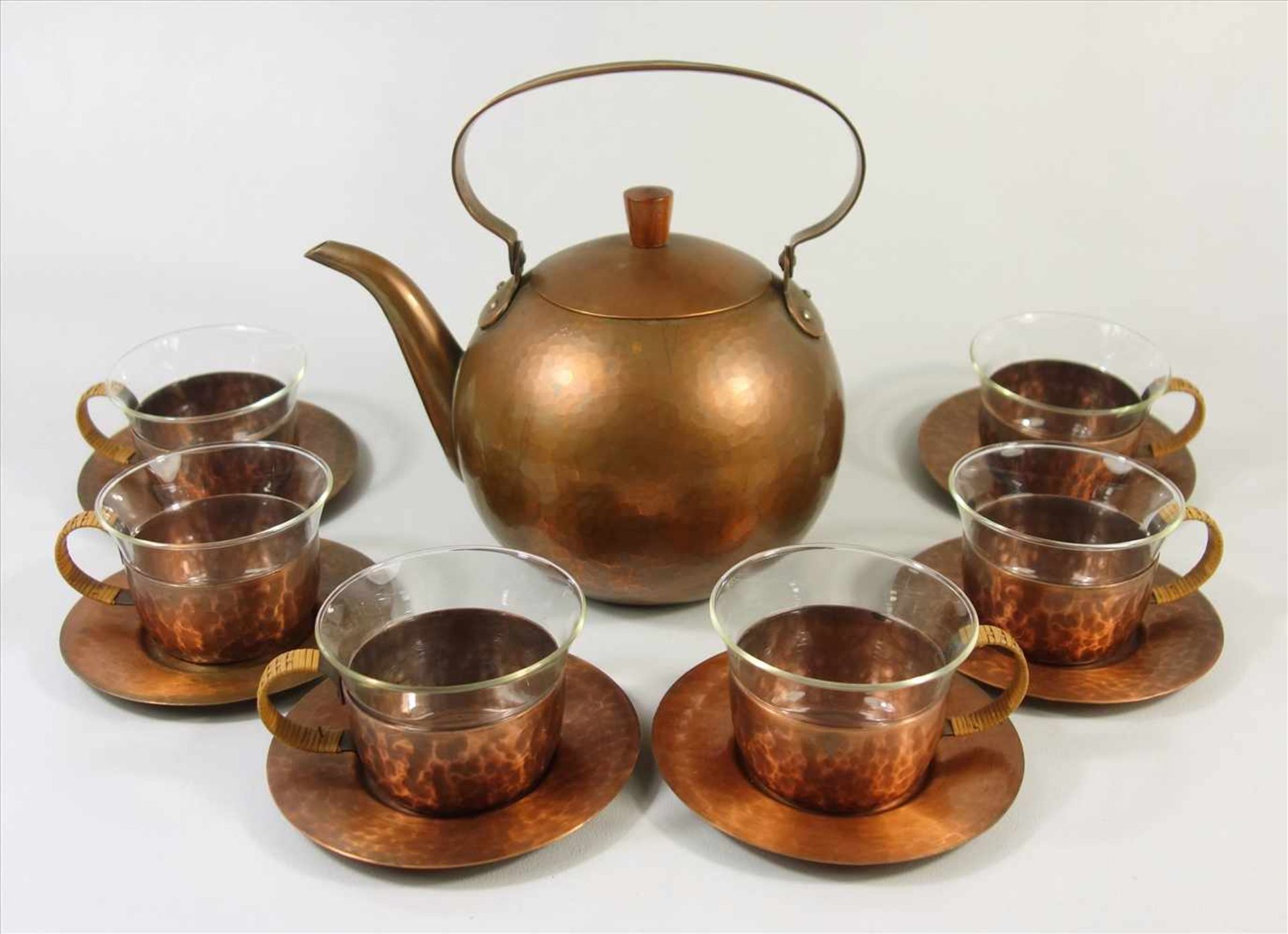 Teekessel und 6 Teetassen, Karl Raichle, Meersburg, Art Déco, um 1930, Teekessel mit Werkstattmarke,