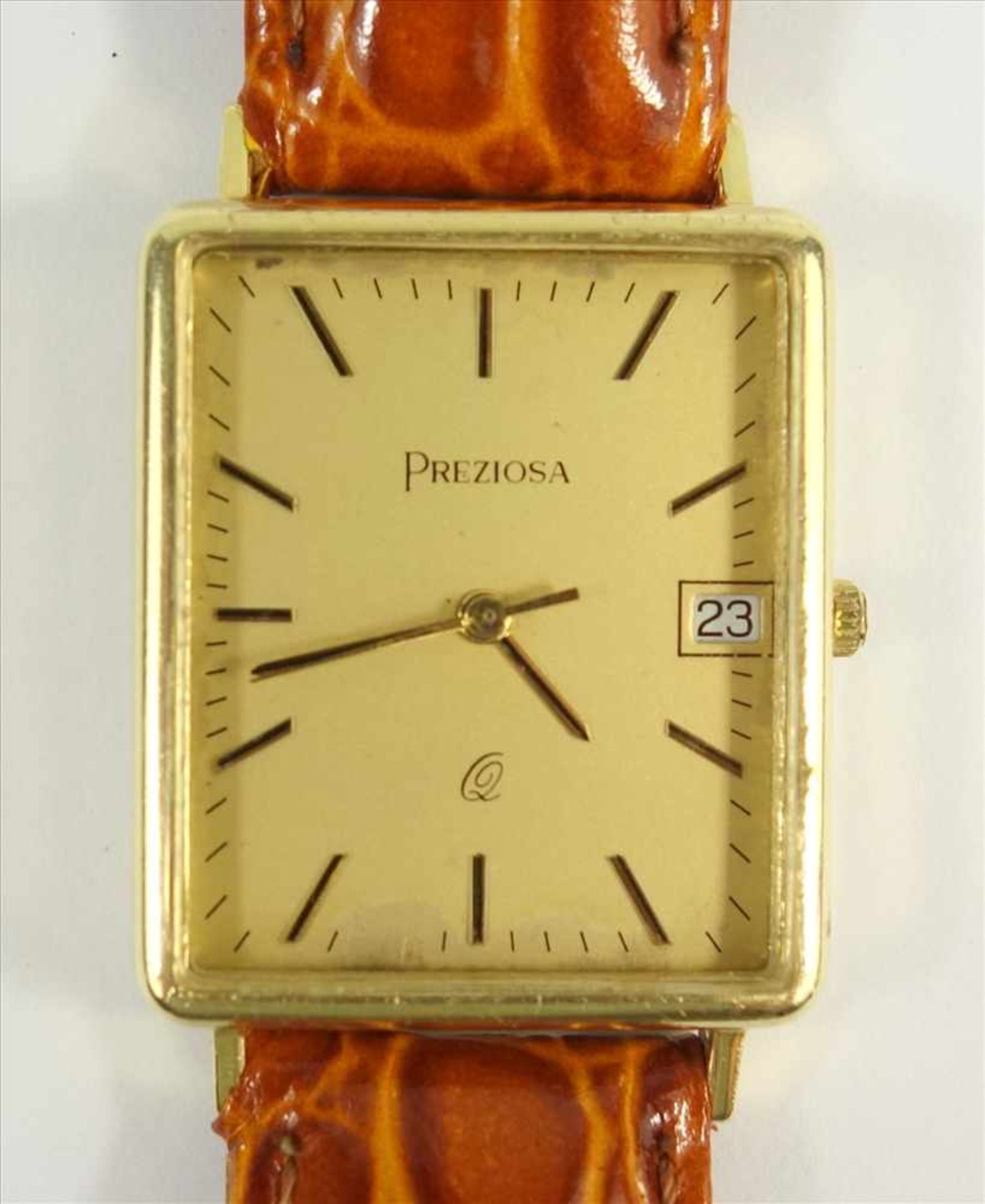 Armbanduhr PREZIOSA, 585er Gelbgold, Quarzwerk, eckiges Gehäuse, 3*2,4cm, Datum auf 3 Uhr,