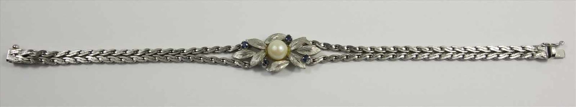 Armband mit Perle und 4 Saphiren, 835 Silber, Venedig / Italien, , Gew.12,44g, floral gestaltetes