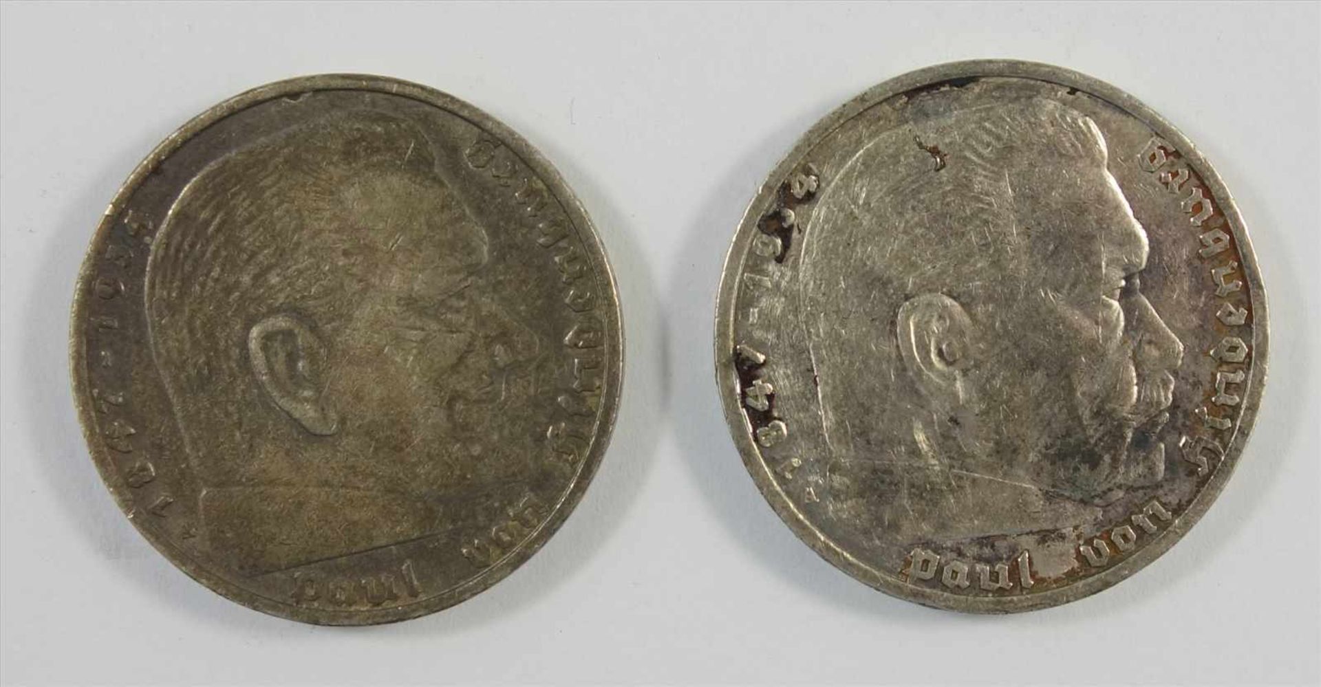 2 Münzen, 5 Reichsmark, Paul von Hindenburg, 1936, Ag, ss