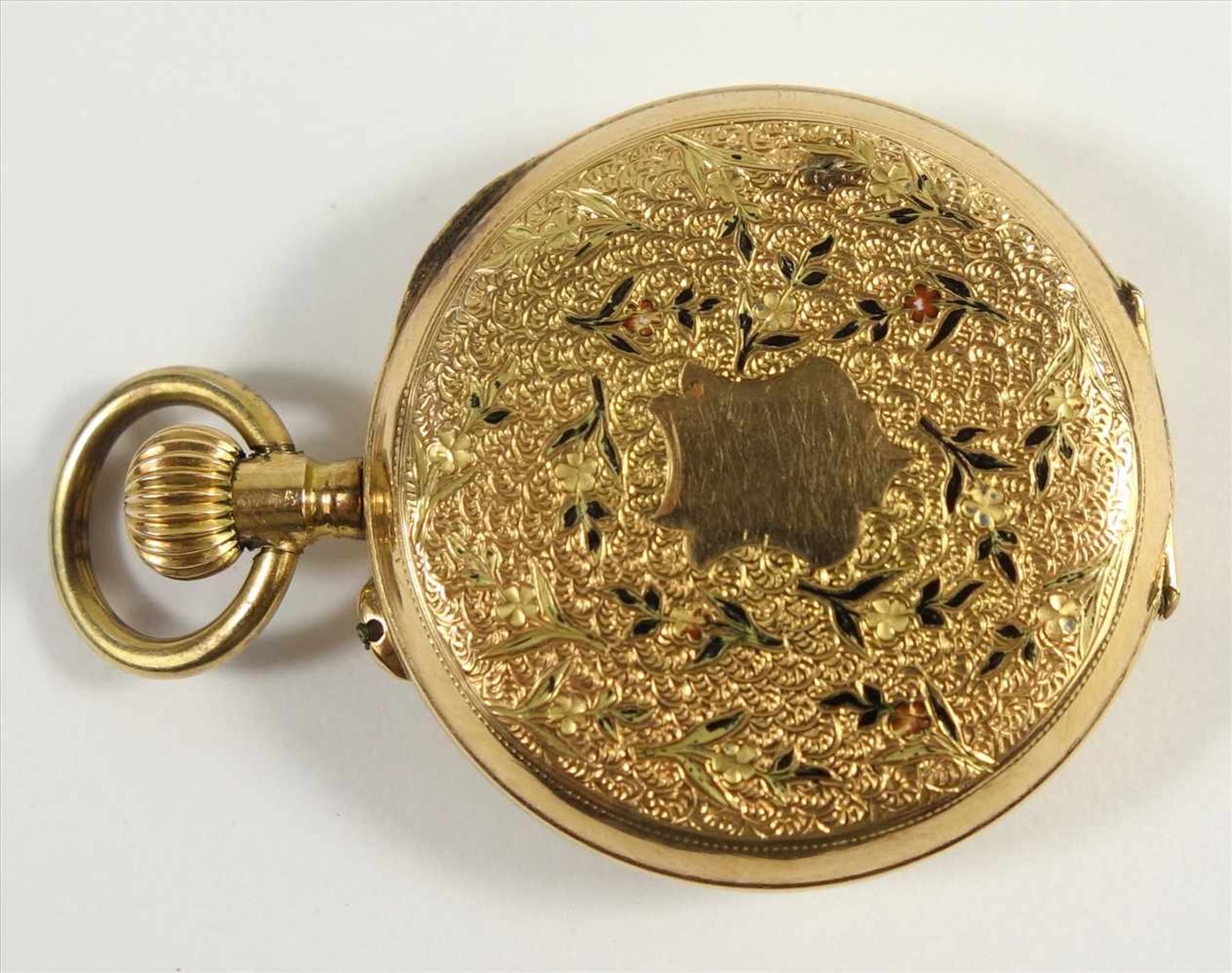 Halbsavonette-Umhängeuhr, um 1890, 585er Gold, guillochiertes Gehäuse mit floralem Emailledekor - Bild 3 aus 3