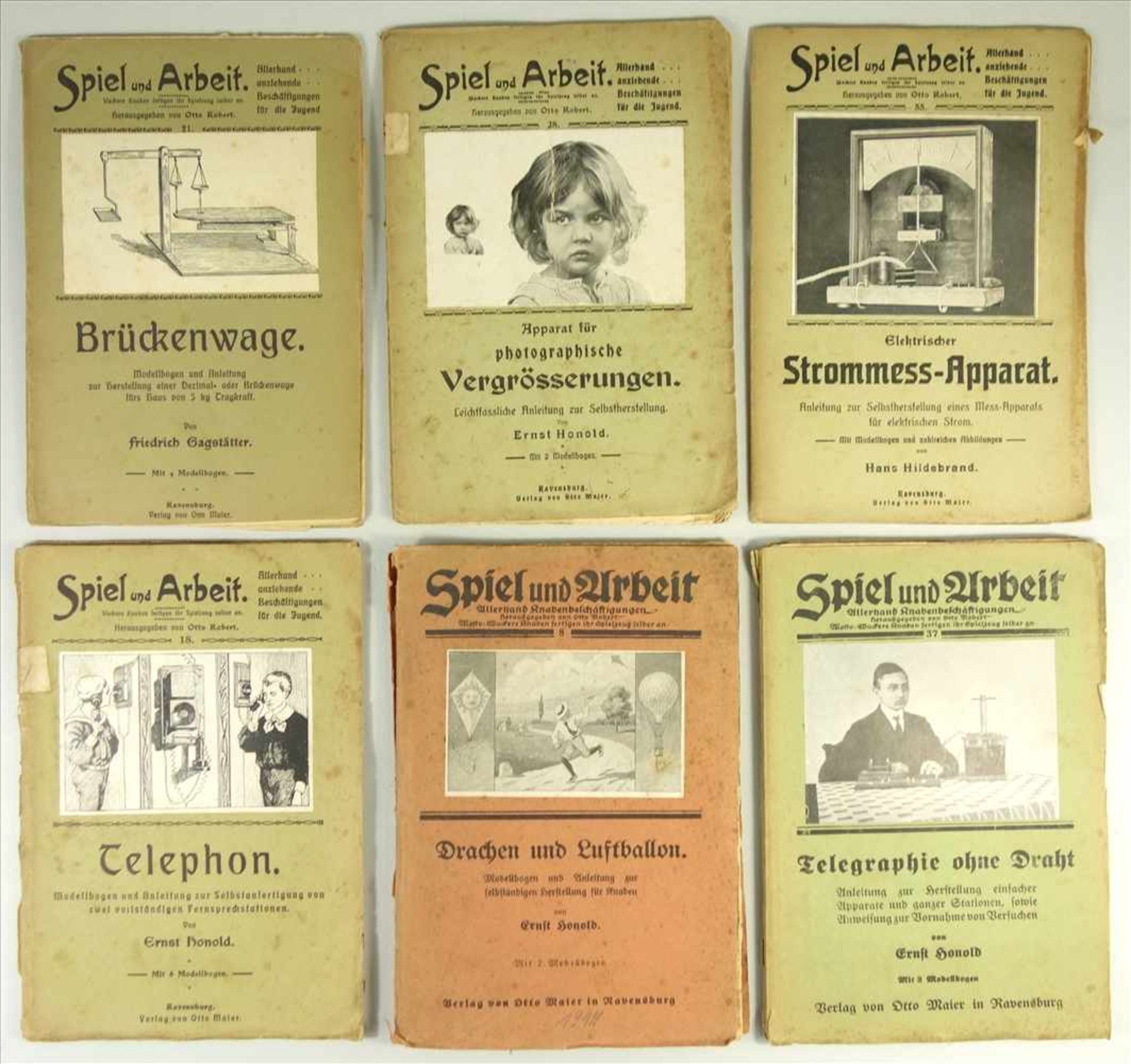 6 Ausgaben Spiel und Arbeit, Verlag Otto Maier, Ravensburg, um 1910/20, Modellbögen und Anleitungen: