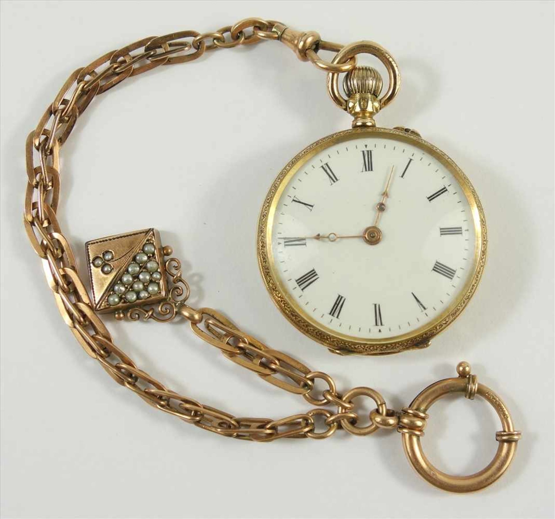 goldene Damentaschenuhr, gest. 0,585, um 1890, floral verziertes Gehäuse mit Resten von Emaille,