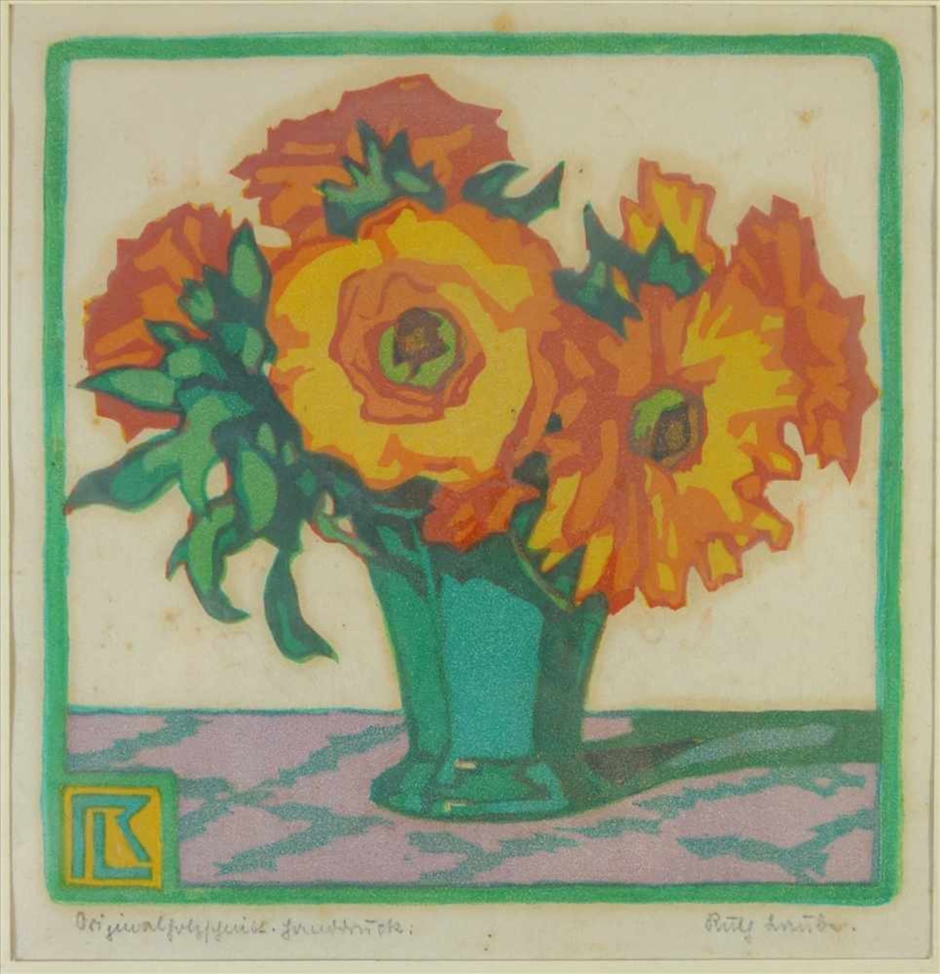Ruth Laube (1882-1946), Vase mit orangefarbenen Blumen, um 1910, Farbholzschnitt, u.r. signiert, u.