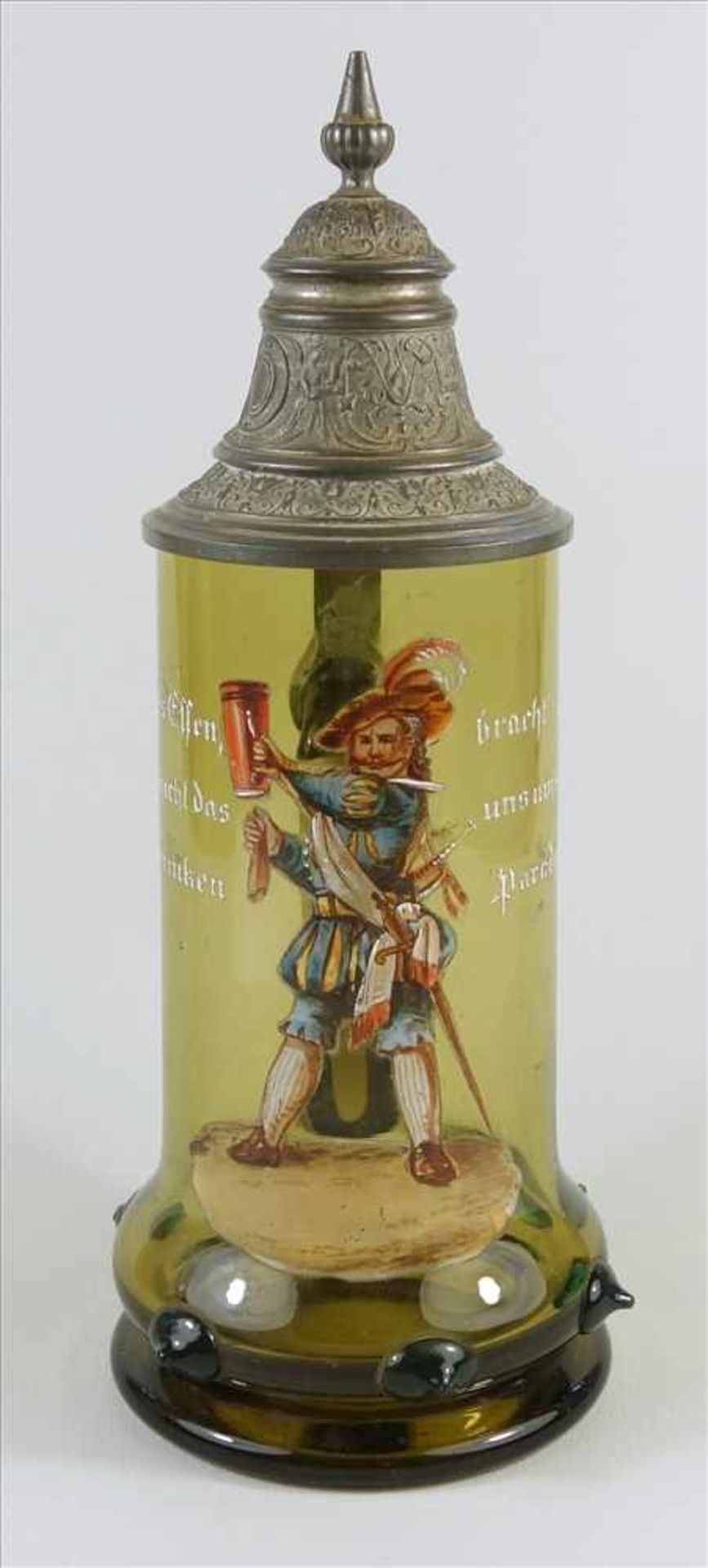 Historismus- Bierkrug mit Nuppen und Emaillmalerei, um 1890, grün-braunes Glas, aufgeschmolzene