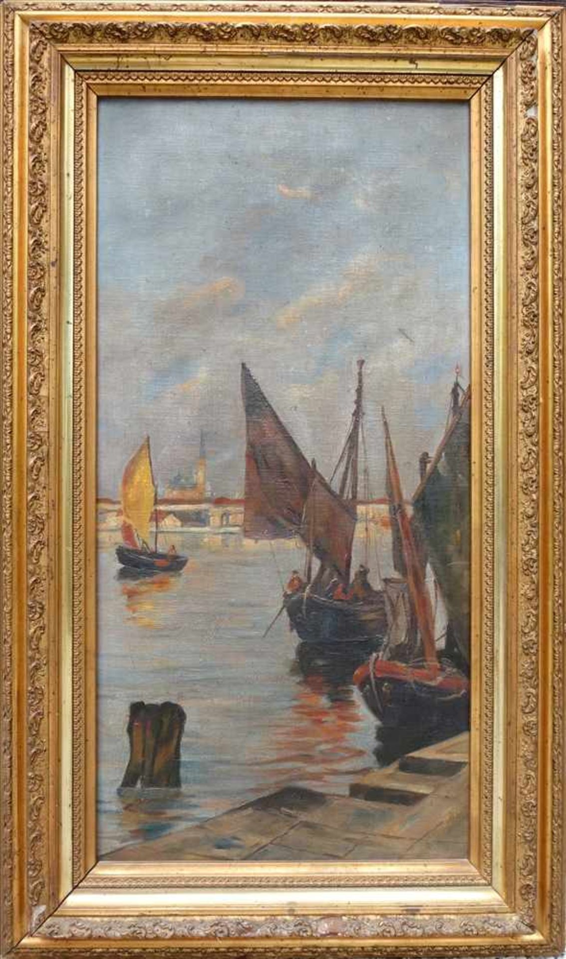 unbekannter Maler, Fischerboote vor Venedig, um 1890/1900, Öl/Lw., H*B: 60*30cm, zu reinigen, in