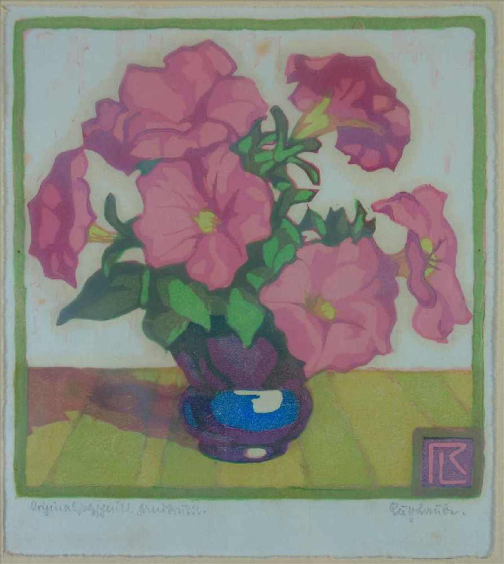 Ruth Laube (1882-1946), Vase mit violetten Blumen, um 1910, Farbholzschnitt, u.r. signiert, u.l.