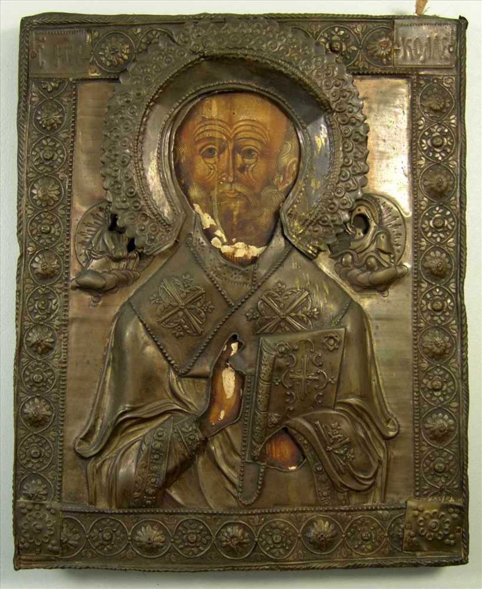 Oklad-Ikone, Hlg. Nikolaus, Russland, 19.Jh., Tempera auf Holz, männliche Halbfigur, seitl.