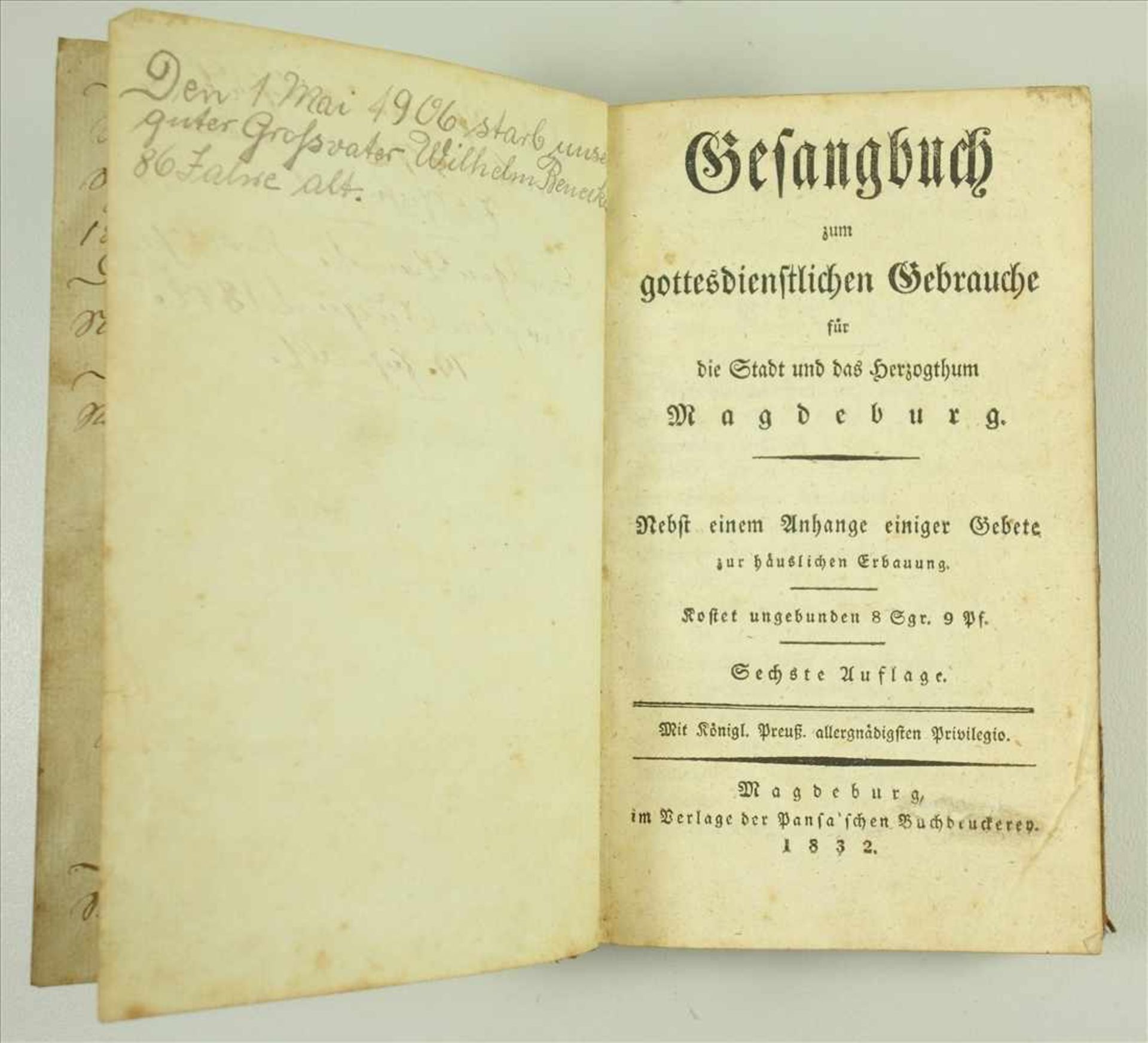 Gesangsbuch zum gottesdienstlichen Gebrauche für die Stadt und das Herzogthum Magdeburg, 1833, nebst - Bild 2 aus 2