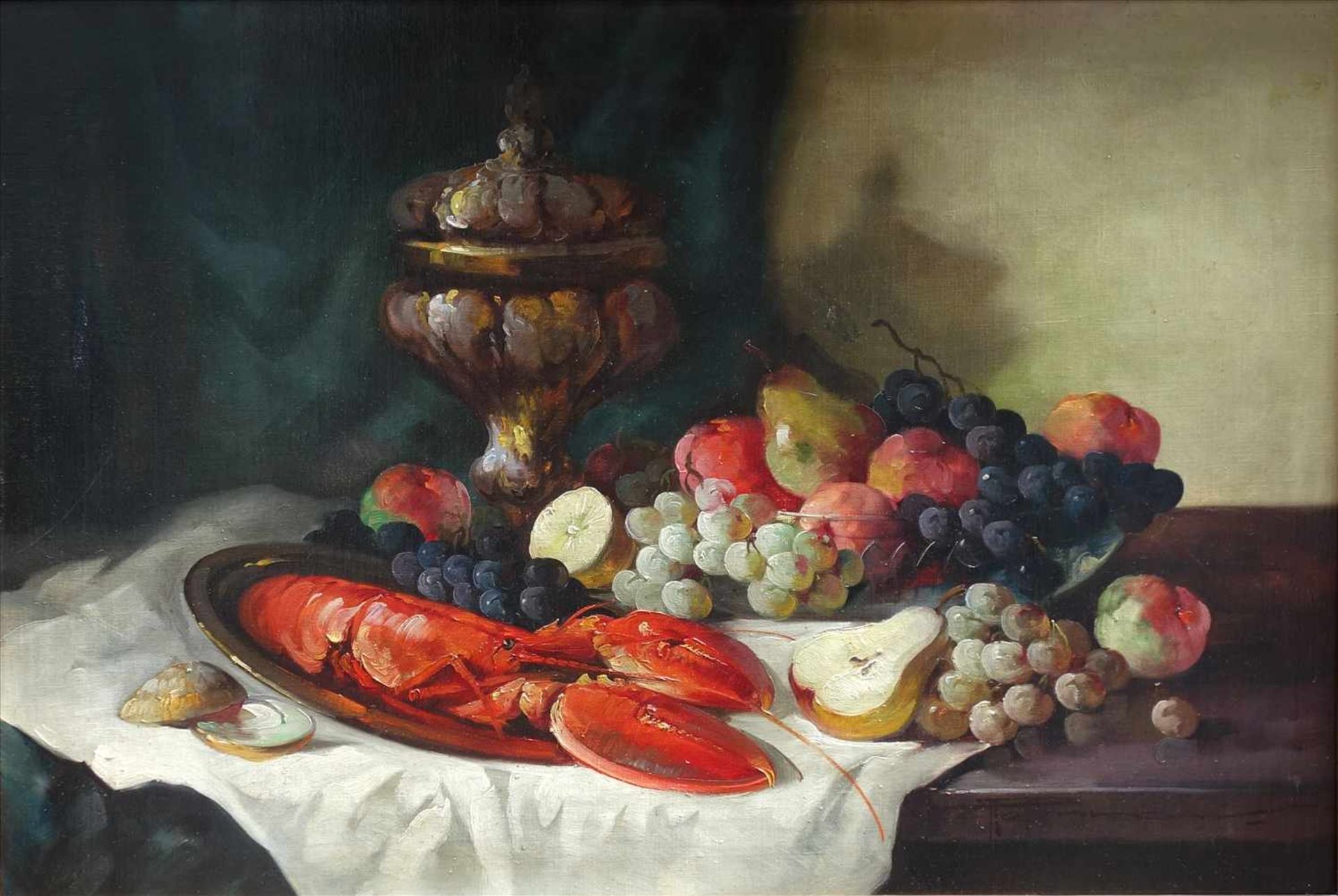 Hedwig Petermann (1877 in Mühlheim / Ruhr- 1919 Düsseldorf) "Tafelstillleben mit Hummer und Obst", - Bild 2 aus 3