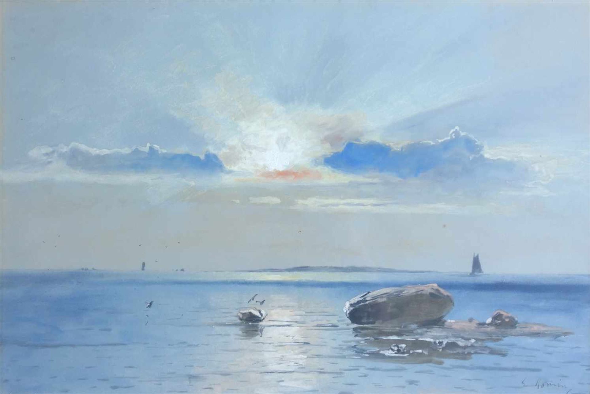 Romin, Georg "Sonnenaufgang über dem Meer", Marinemaler des 19./20.Jh., Aquarell/ Gouache, offene