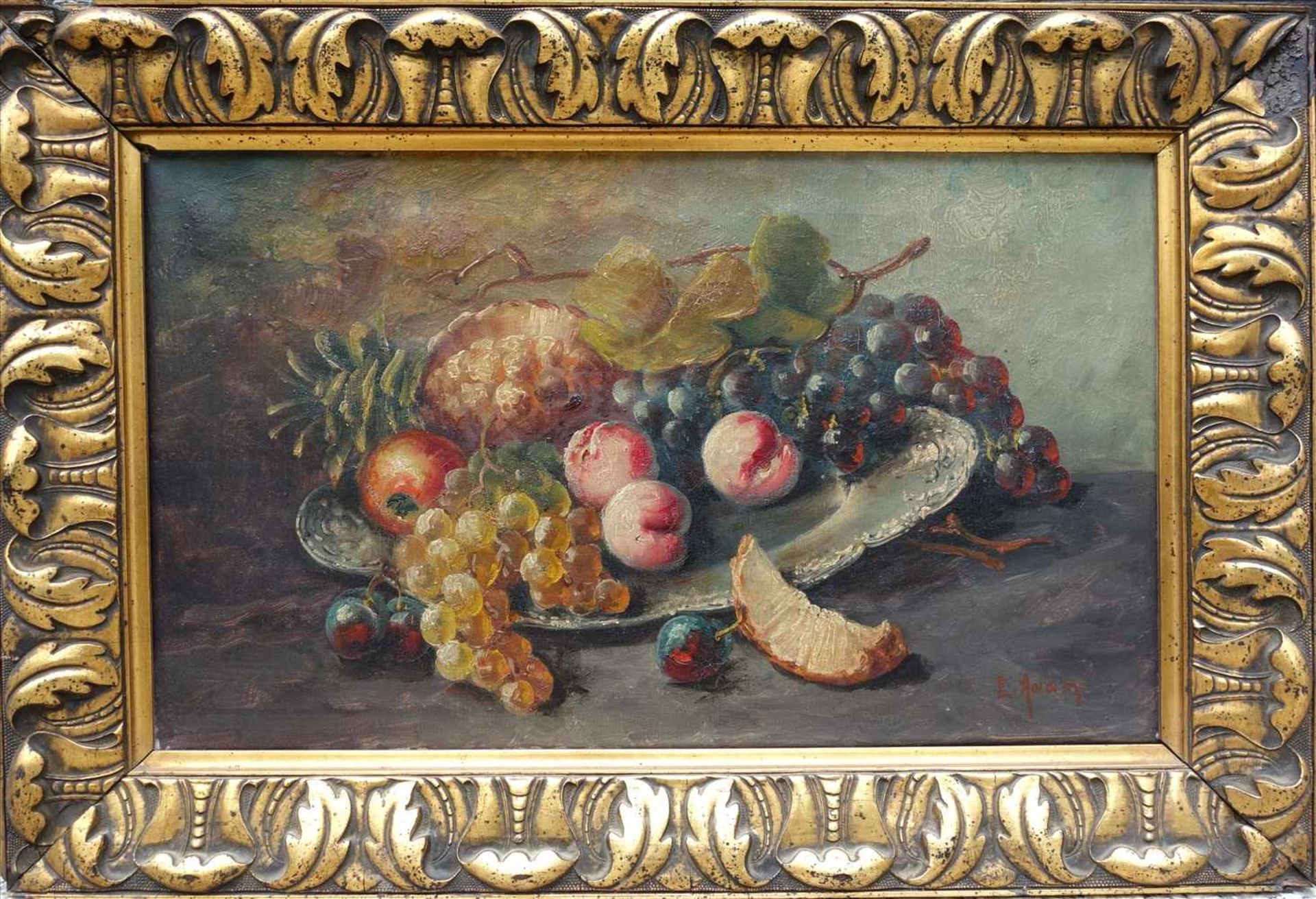 Emmy Adam (1871-?) "Stillleben mit Früchten", Öl/Lw., unten rechts signiert, HB 30*50cm, vergoldeter