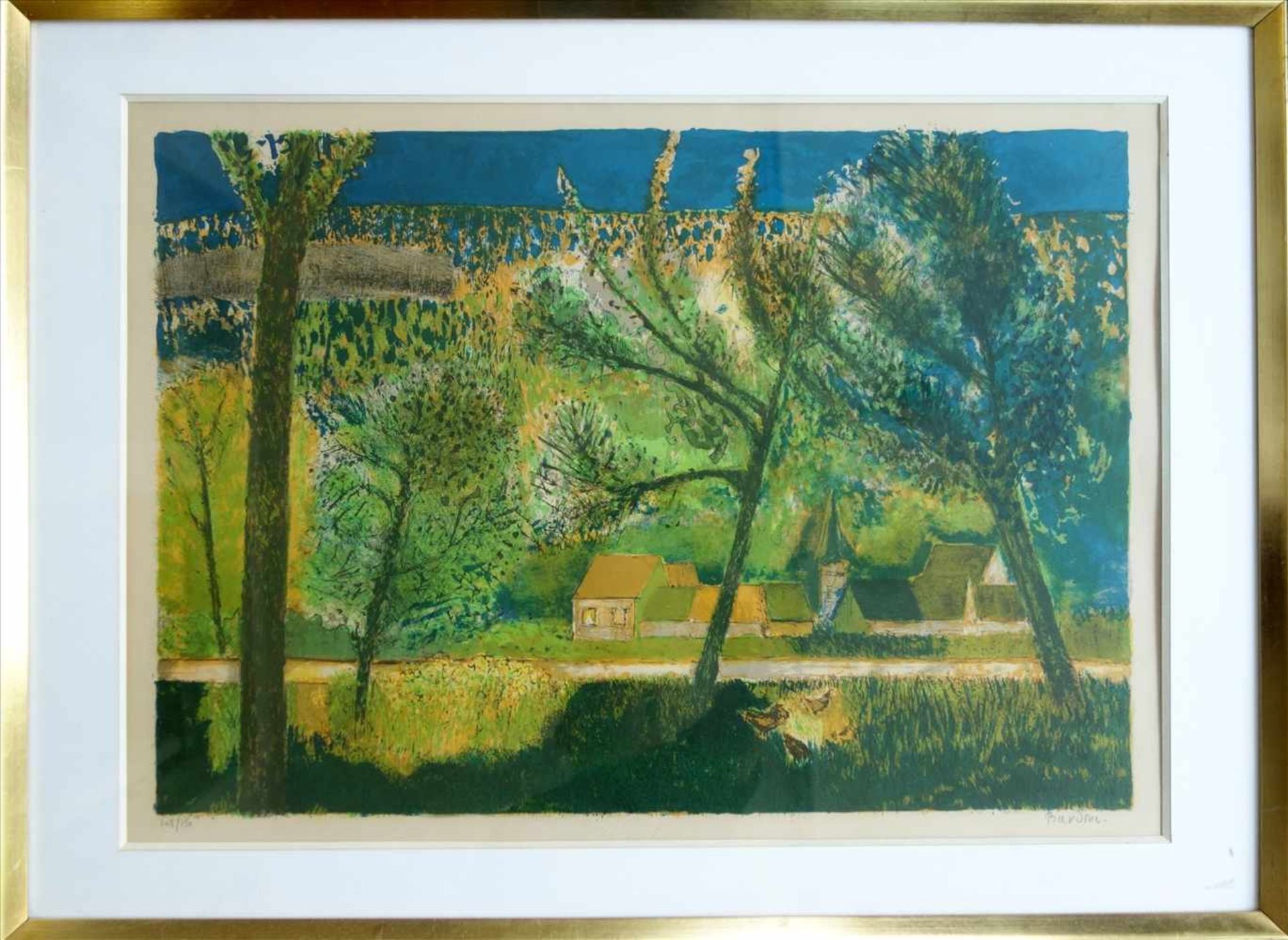 Guy Bardone (1927-2015), Dorf in sommerlicher Landschaft, Farblithographie, Ex. 148/150, unten