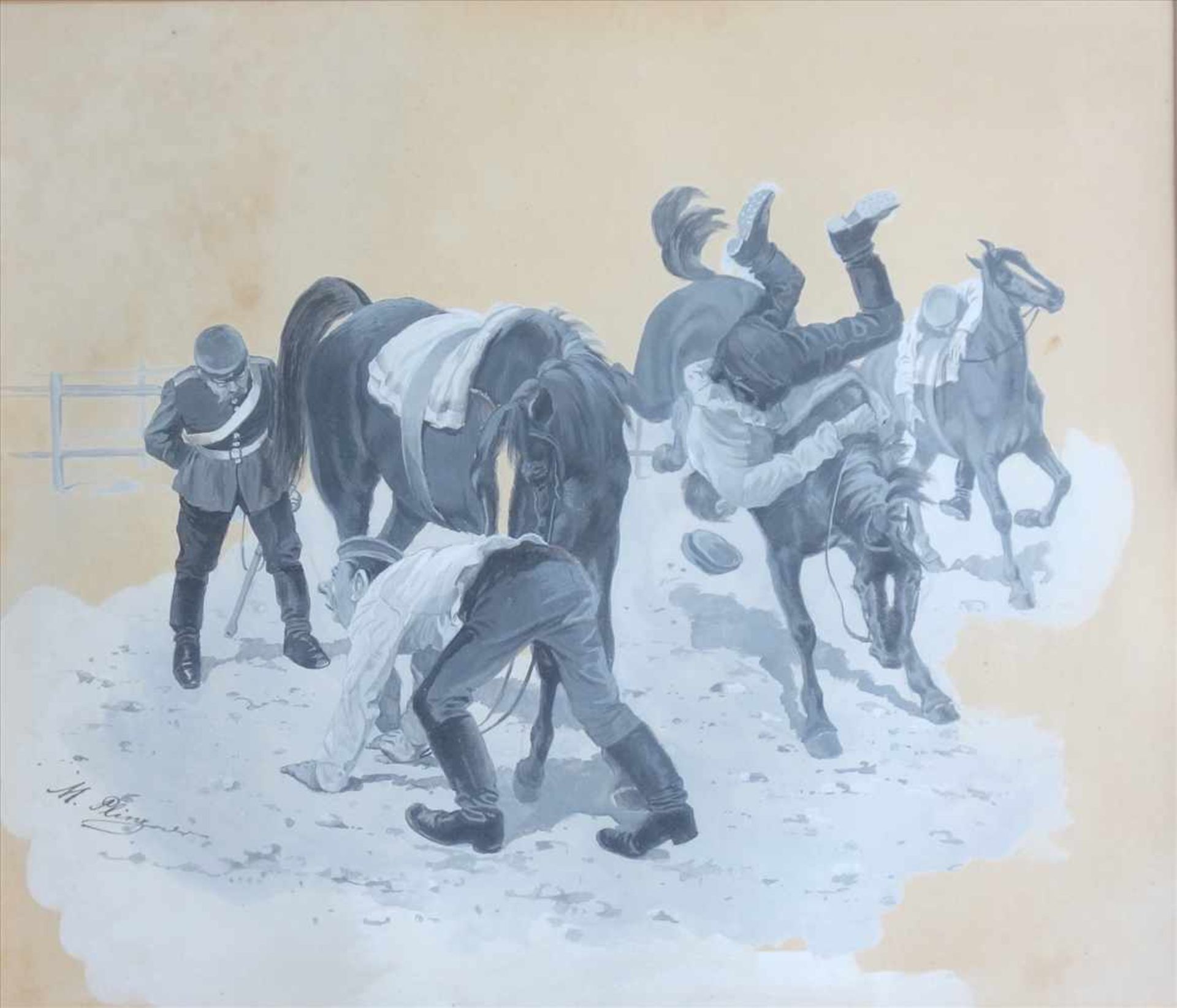 Plinzner, M. "Soldaten - Reitstunde", Aquarell,signiert, in Grautönen gemalt, BH 38*33cm,