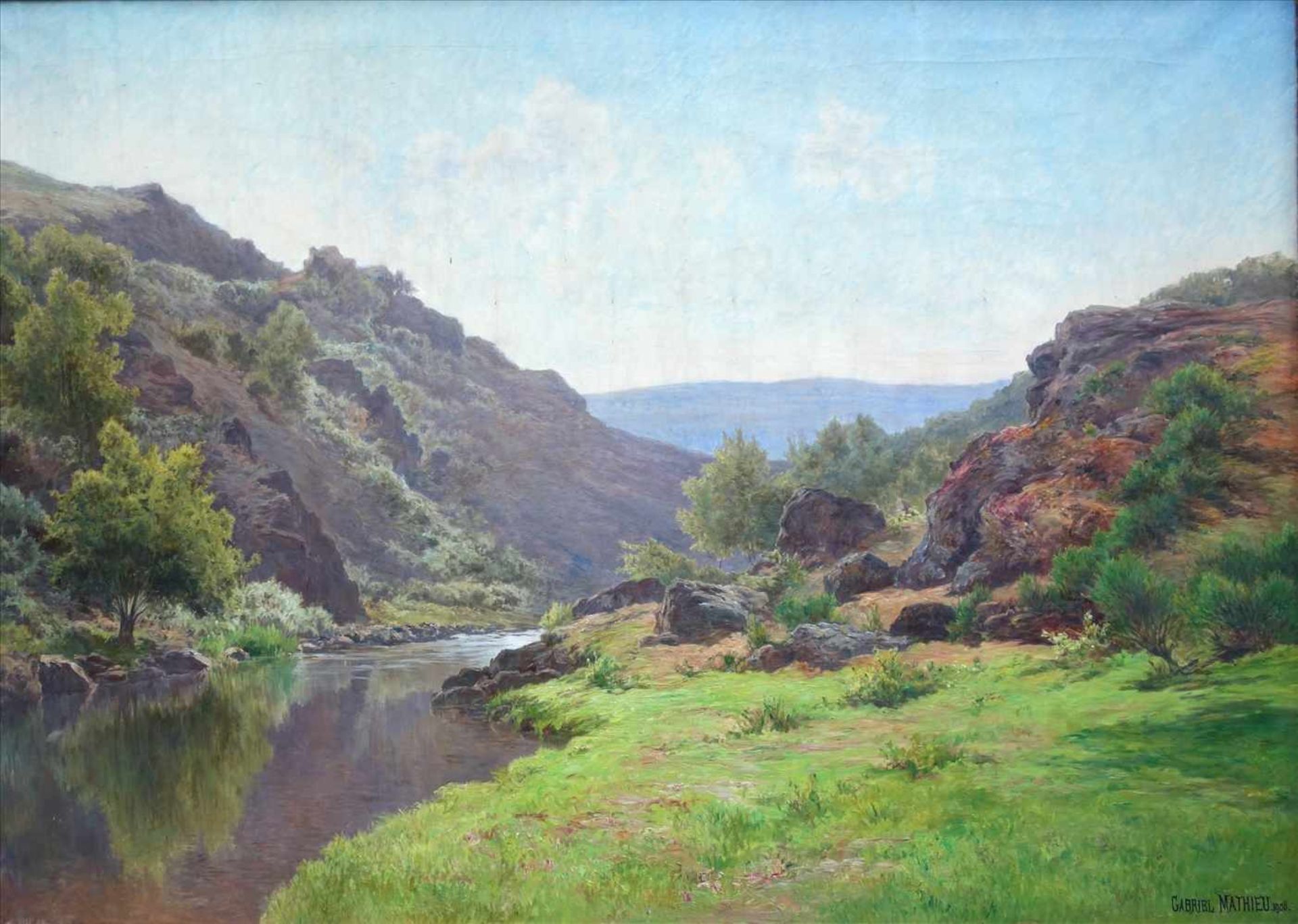 Gabriel Mathieu (1843 in Paris -1923 ebd.) "Landschaft an der Creuse", dat. 1908, Öl/Lw.,