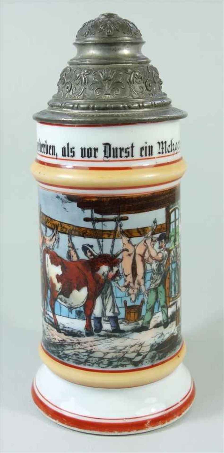 Zunft-Bierkrug des Metzger-Handwerks, um 1890, Porzellan, 1/2 Ltr., Boden mit Lithophanie (