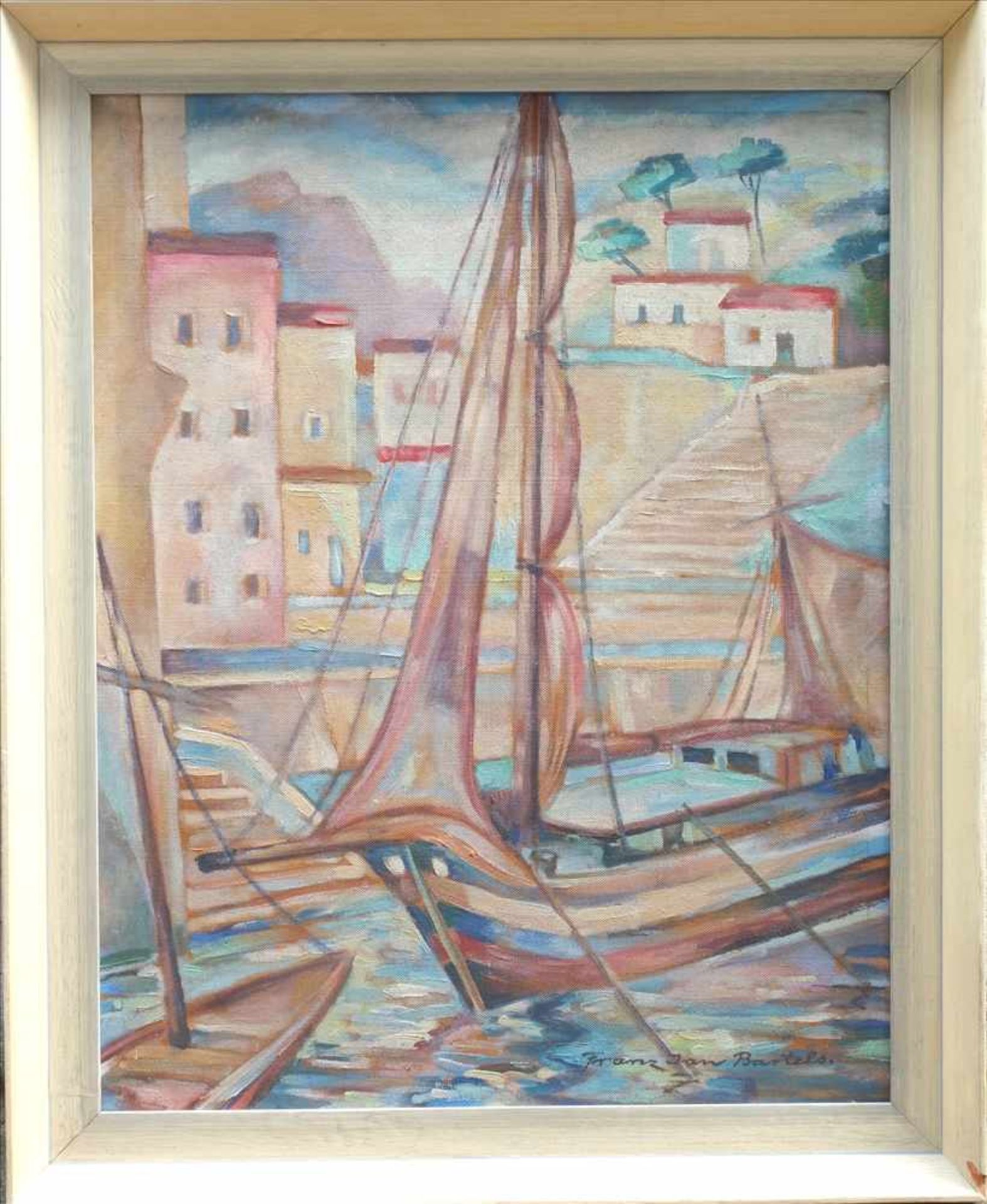 Franz Jan Bartels (1894 in Magdeburg -1947 ebd.) "Mediterraner Hafen", 20er Jahre, Öl/Hartfaser,