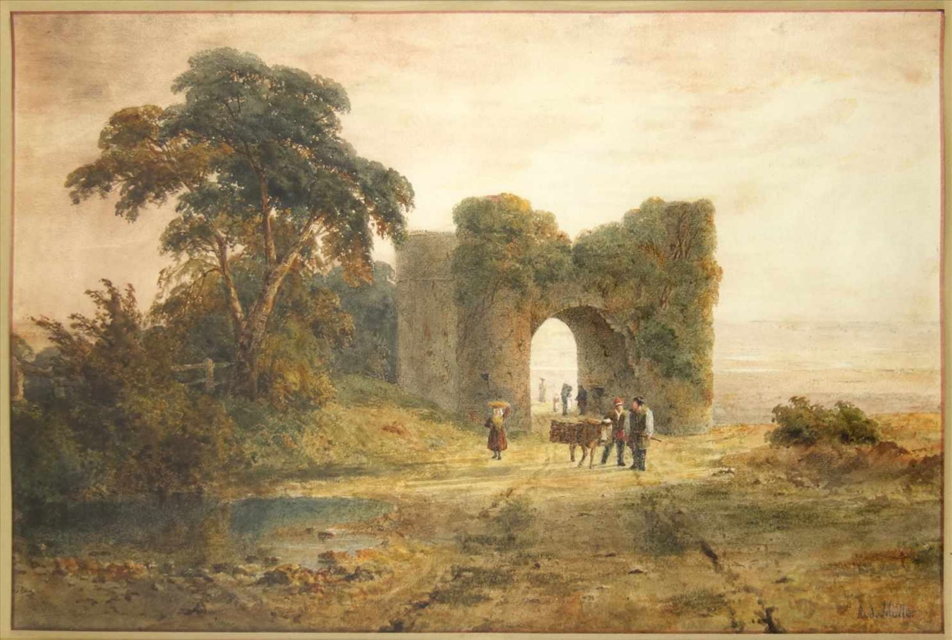 Rud. Müller, Landschaft in Kampanien, Mitte 19.Jh., Aquarell, Passanten auf einer Straße mit