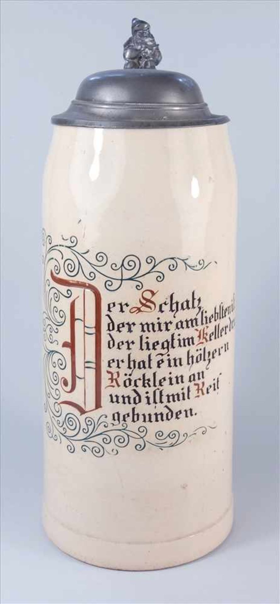 großer Bierkrug mit Trinkspruch, um 1920, 2 Ltr., schauseitig geritzer Trinkspruch, Zinndeckel mit