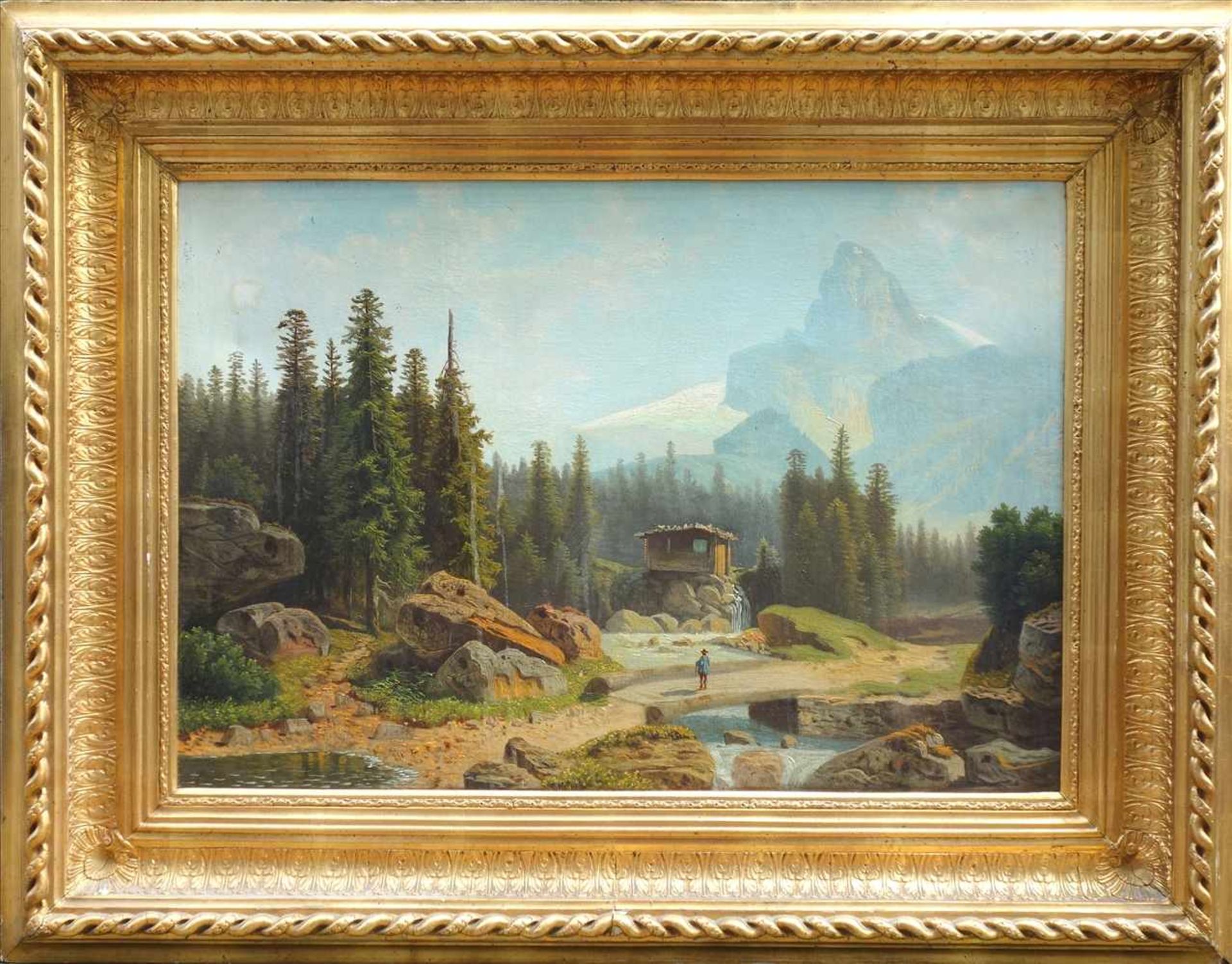 Deutscher Landschaftsmaler, Romatische Alpenlandschaft, um 1880, Wanderer auf einer Brücke über